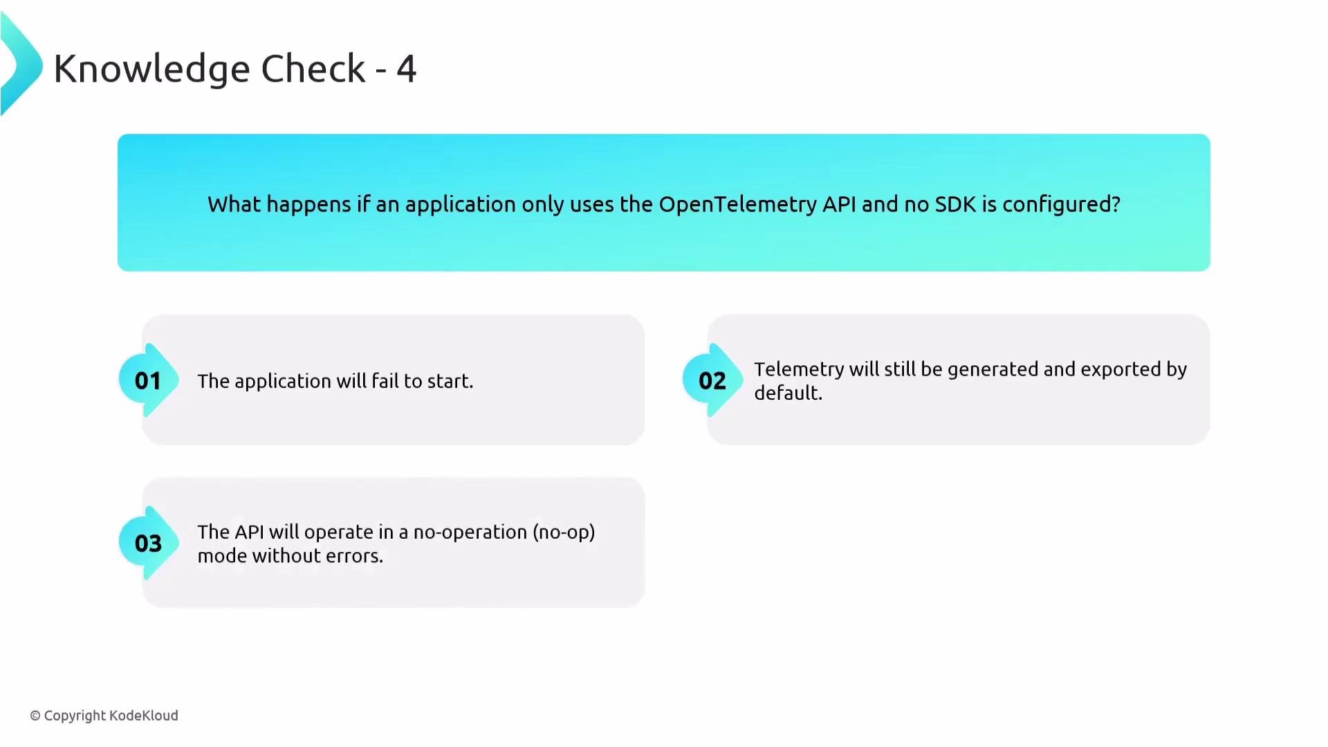 The image is a knowledge check slide asking what happens if an application uses the OpenTelemetry API without configuring an SDK, with three possible answers provided.