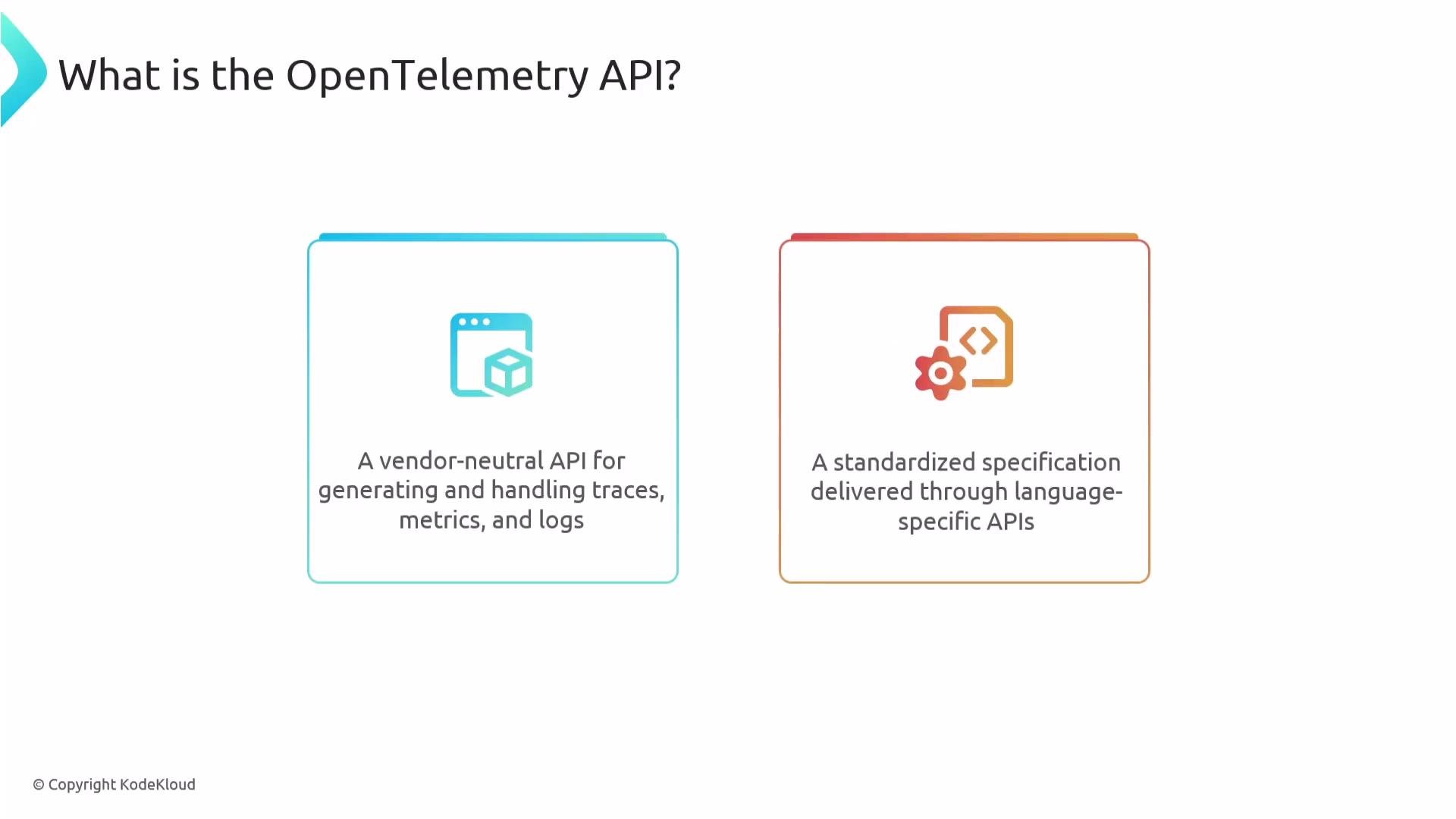 The image explains the OpenTelemetry API as a vendor-neutral tool for handling traces, metrics, and logs, with standardized specifications for language-specific APIs.