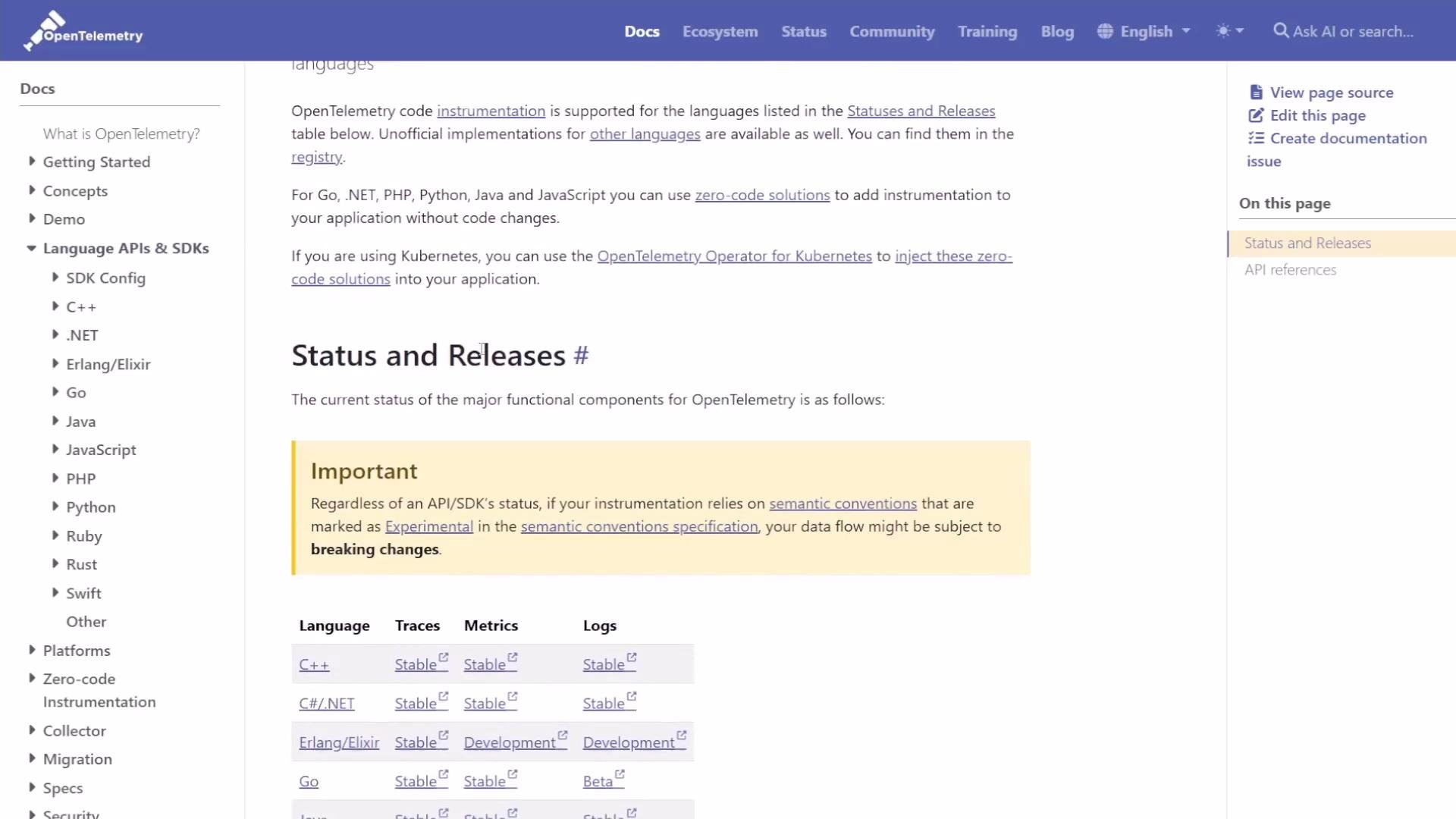 The image shows a section of the OpenTelemetry documentation focusing on "Status and Releases" with a table listing various programming languages and their component statuses. The sidebar features a menu with links to related documentation sections.