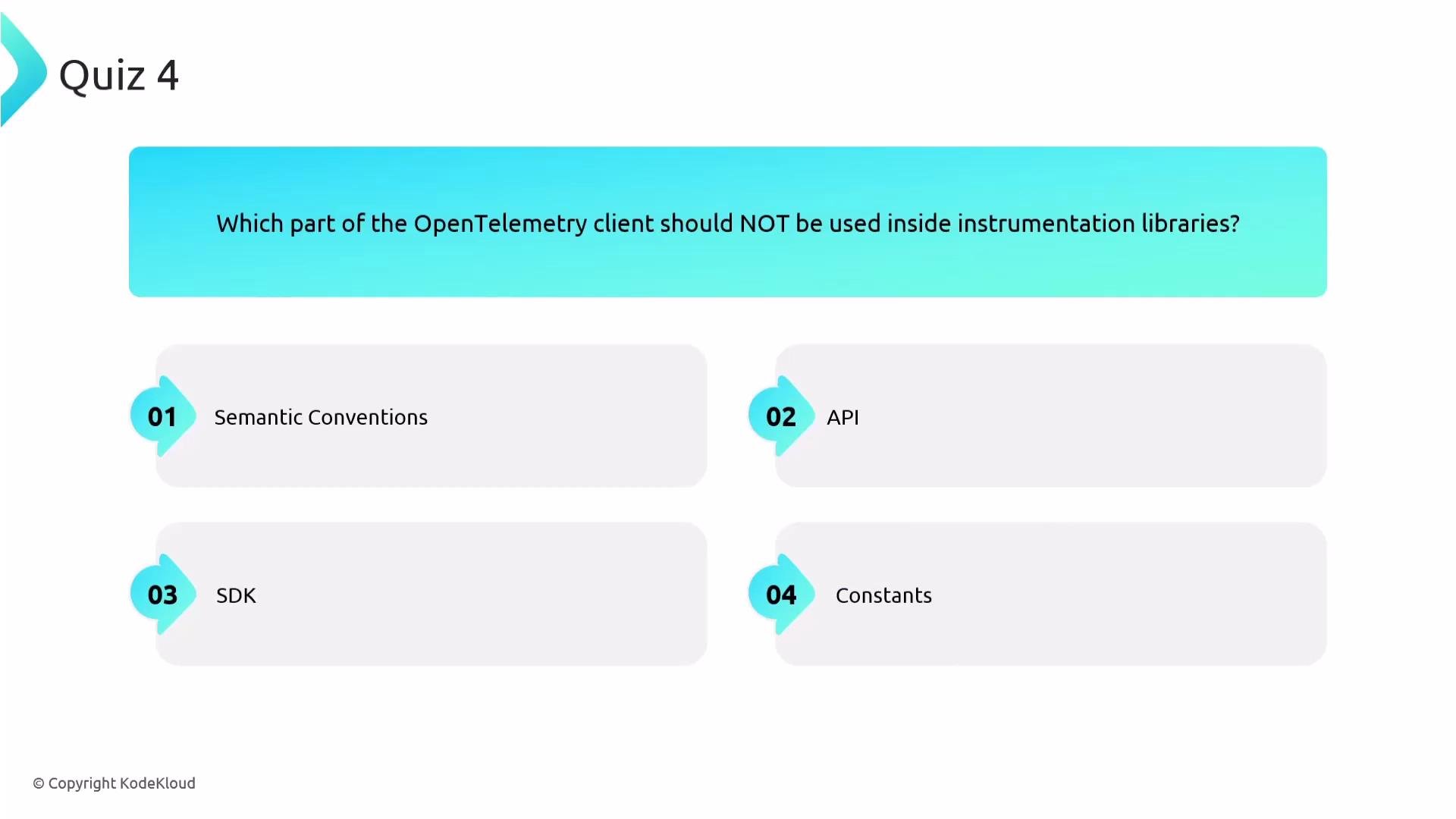 The image is a quiz question asking which part of the OpenTelemetry client should not be used inside instrumentation libraries, with answer options: Semantic Conventions, API, SDK, and Constants.