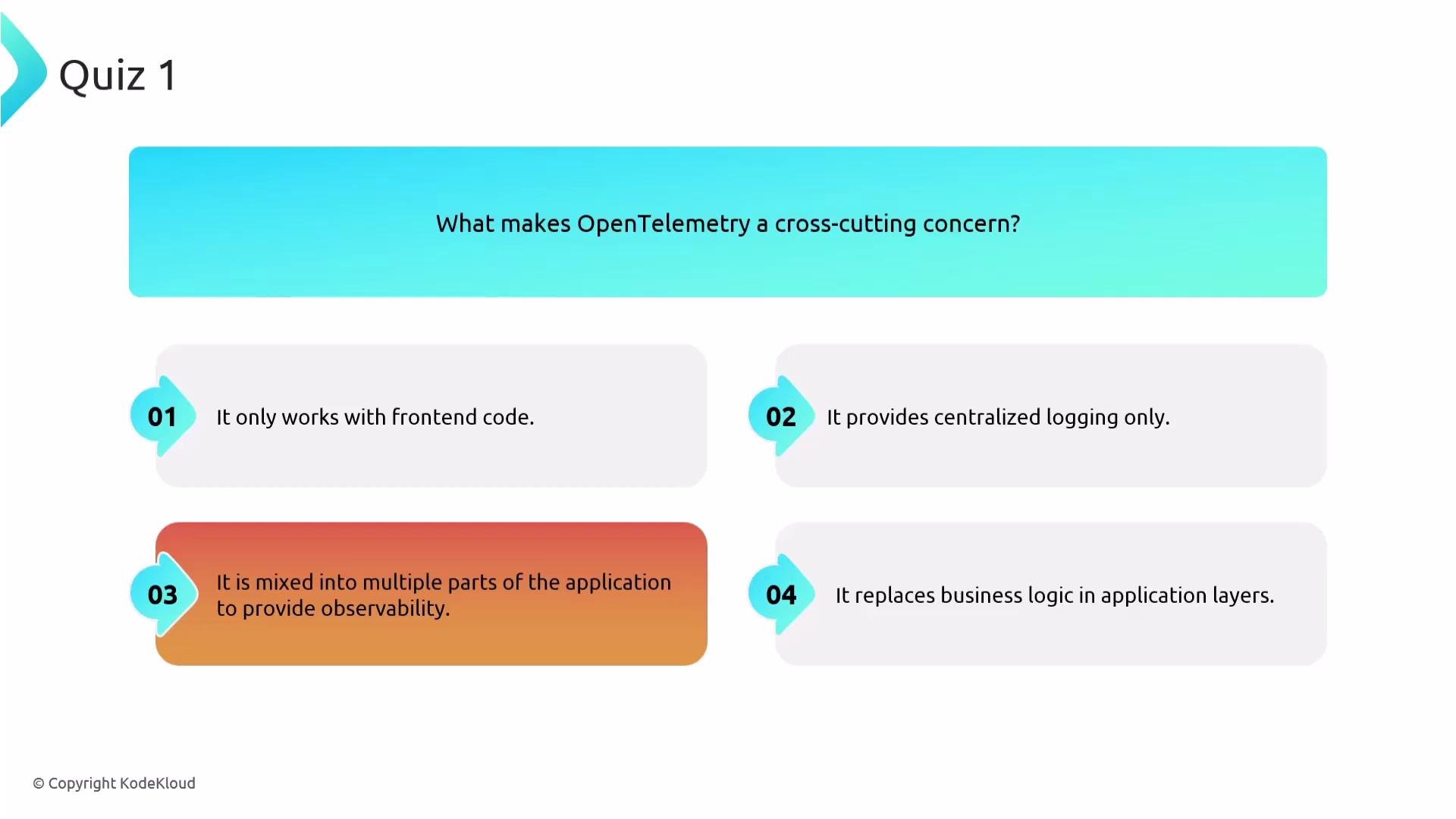 The image is a quiz question asking what makes OpenTelemetry a cross-cutting concern, with four multiple-choice options. Option 3 is highlighted in red as the correct answer.