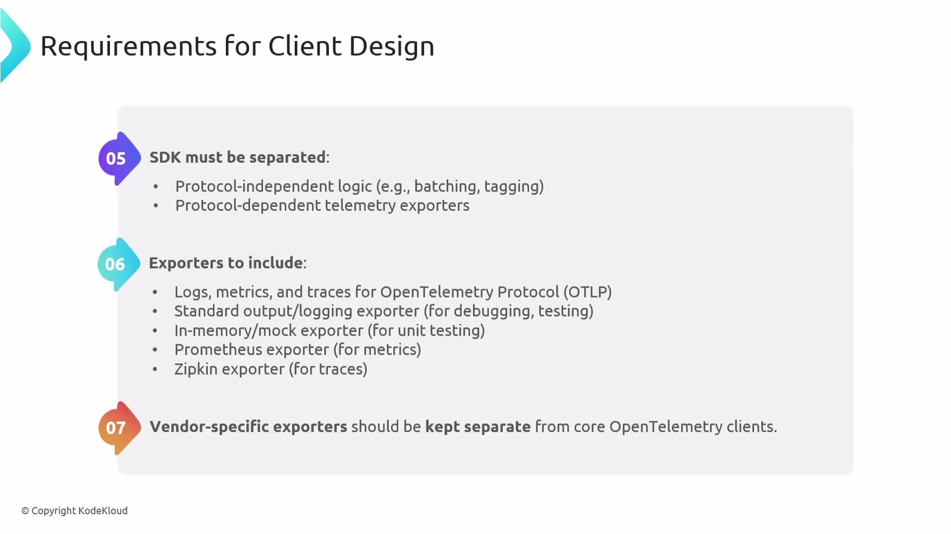 The image lists requirements for client design, focusing on SDK separation, included exporters, and keeping vendor-specific exporters separate in the context of OpenTelemetry.