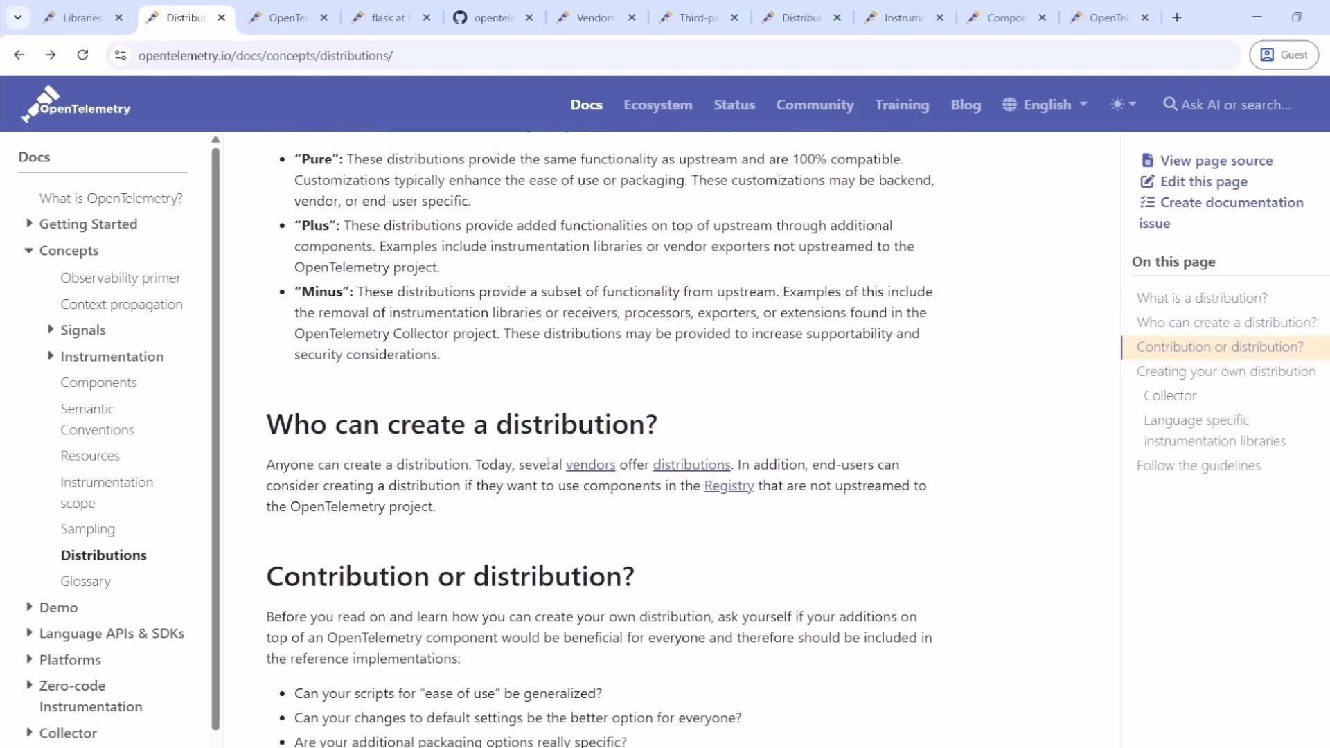 The image shows a webpage from the OpenTelemetry documentation discussing distributions, including types like "Pure," "Plus," and "Minus," along with guidance on creating a distribution.