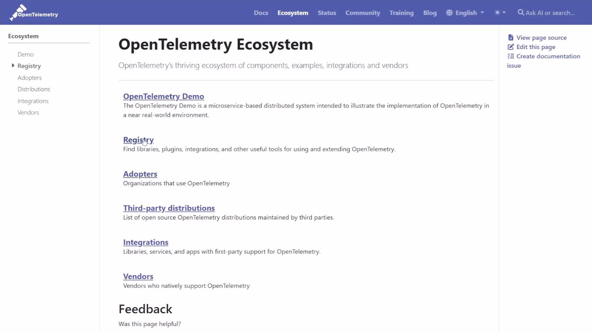 The image shows the OpenTelemetry Ecosystem page with a list of sections like "Demo," "Registry," "Adopters," and "Vendors," detailing components and integrations.