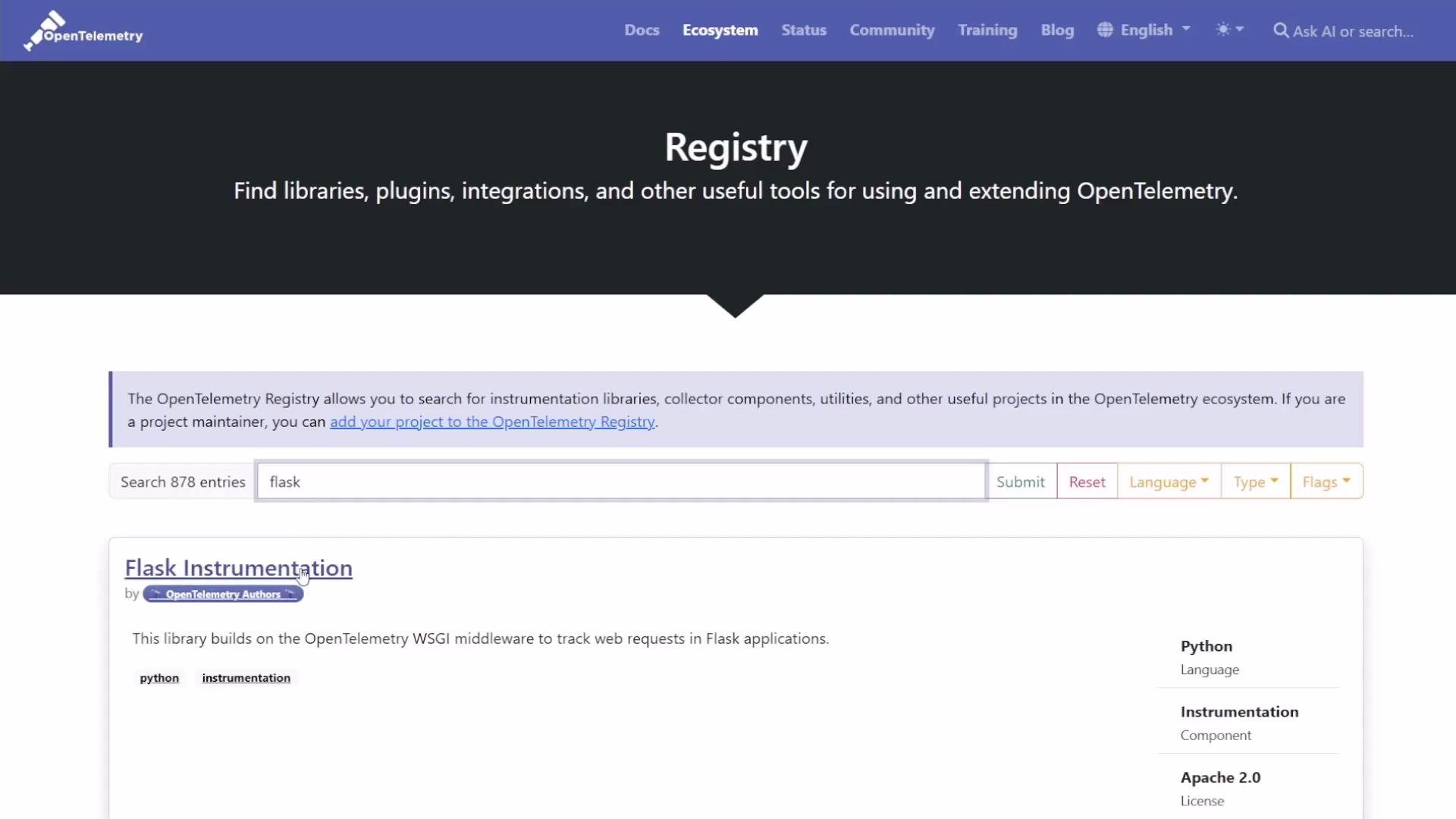 The image shows the OpenTelemetry Registry web page allowing users to search for libraries and tools, with a search result for "Flask Instrumentation" highlighted, which is related to tracking web requests in Flask applications.