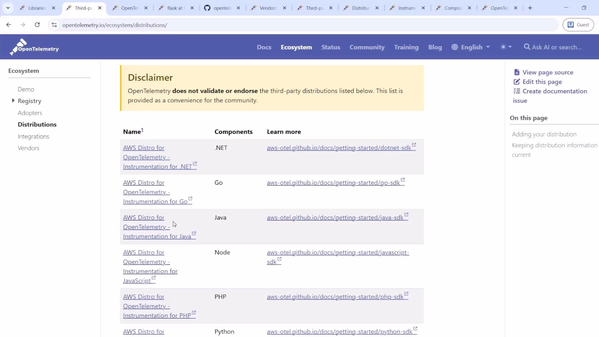 The image displays a webpage from the OpenTelemetry site, listing third-party distributions with links for various programming languages like .NET, Go, Java, and more. There's a disclaimer at the top indicating that OpenTelemetry does not endorse these distributions.