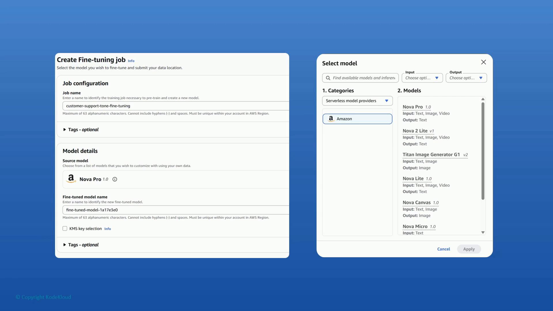 A screenshot of a software interface for creating a fine-tuning job, with a job configuration form on the left and a model selection panel on the right listing options like Nova Pro and Titan Image Generator.