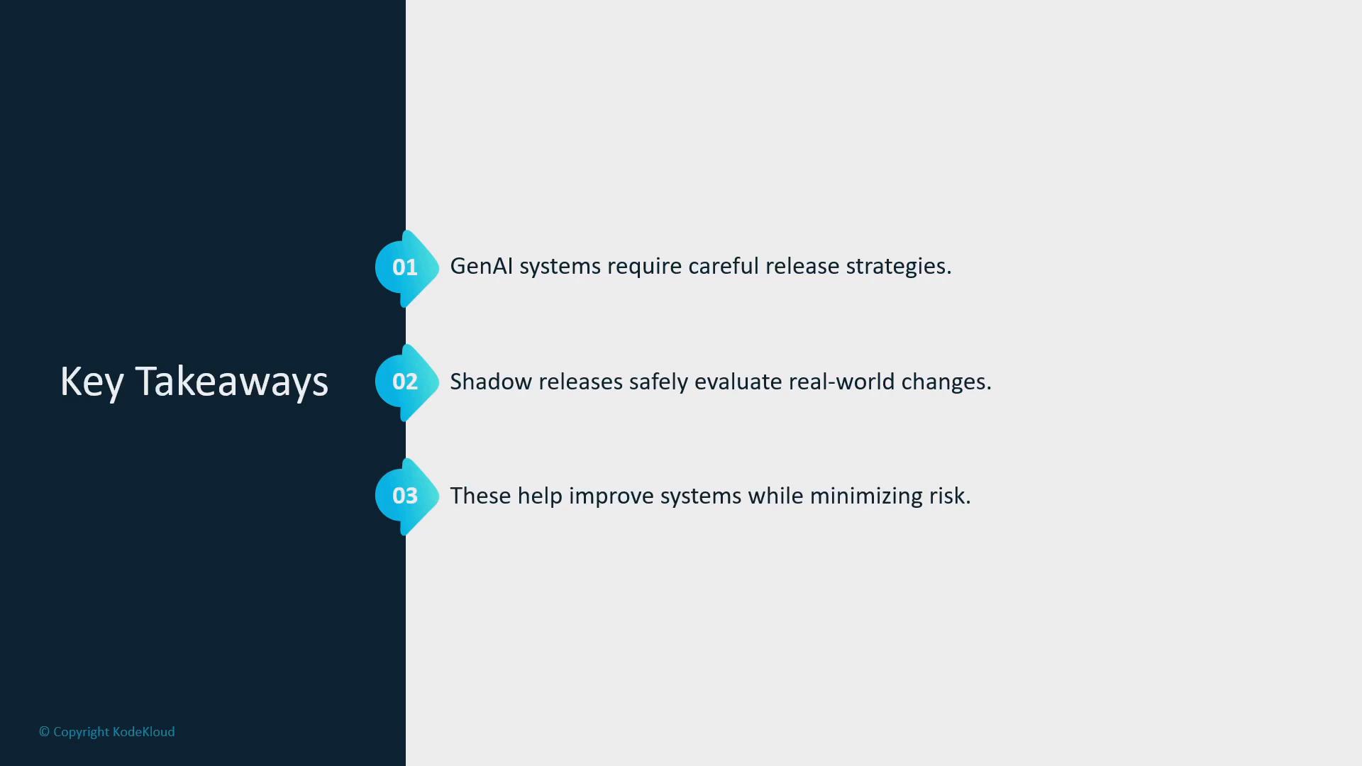 A presentation slide titled "Key Takeaways" with three numbered points. The points state: GenAI systems need careful release strategies; shadow releases safely evaluate real-world changes; and these practices improve systems while minimizing risk.