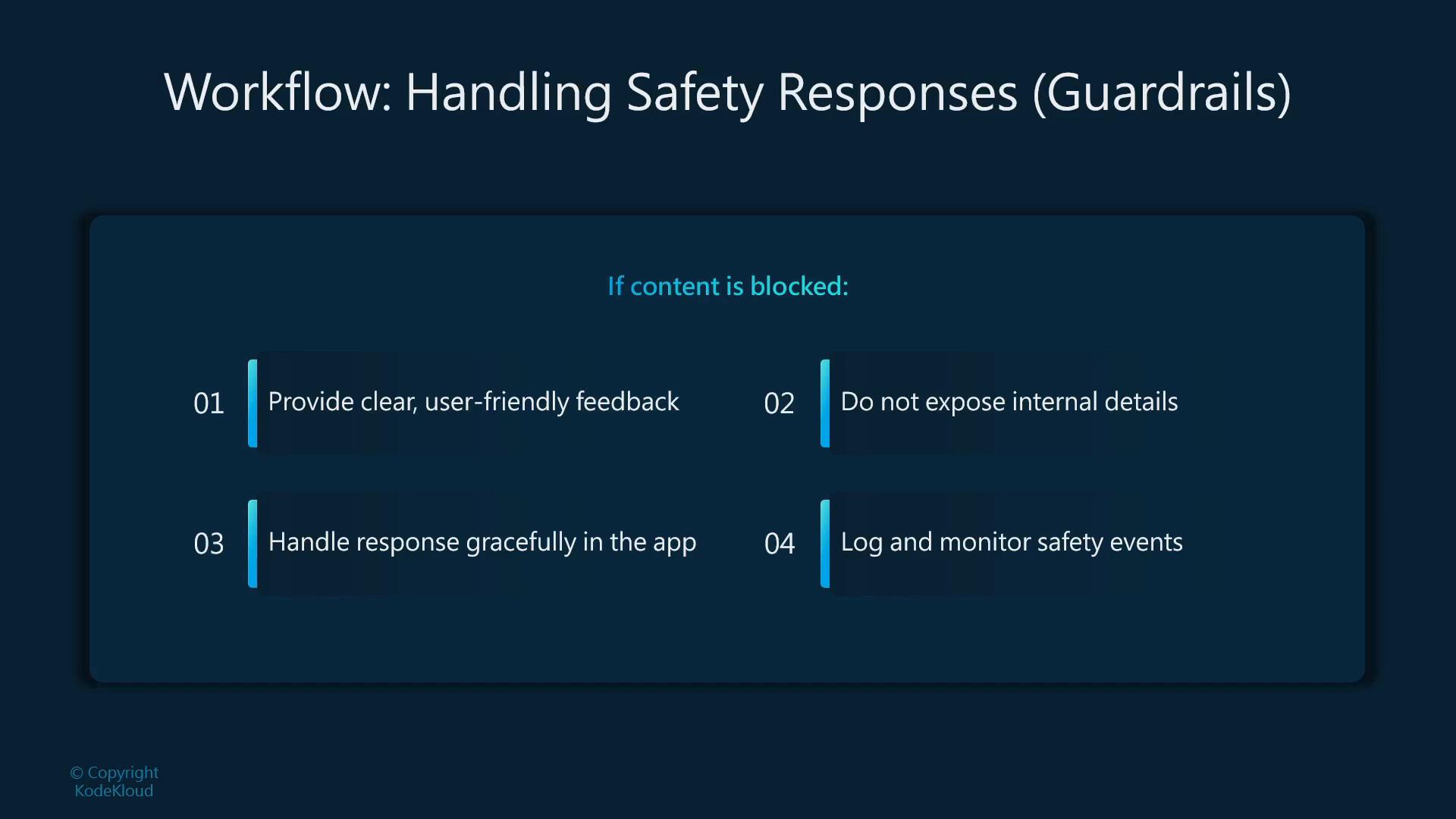 A slide titled "Workflow: Handling Safety Responses (Guardrails)" listing four guidelines for blocked content: provide clear user-friendly feedback, do not expose internal details, handle the response gracefully in the app, and log and monitor safety events.