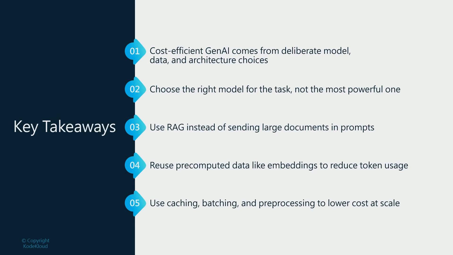 A presentation slide titled "Key Takeaways" that lists numbered recommendations for cost-efficient GenAI—choose the right model, use RAG, reuse embeddings, and use caching/batching. The slide has a dark left panel with blue numbered markers and the text on a light background.