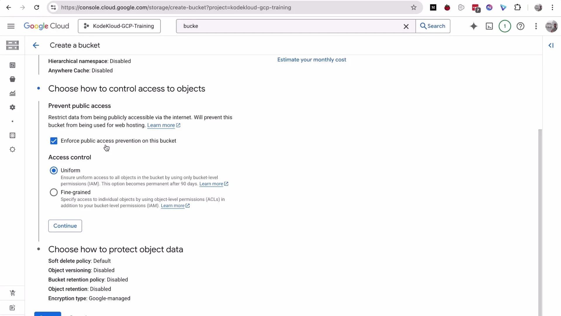 A screenshot of the Google Cloud Console "Create a bucket" page. The "Enforce public access prevention on this bucket" option is checked and the "Uniform" access control option is selected.