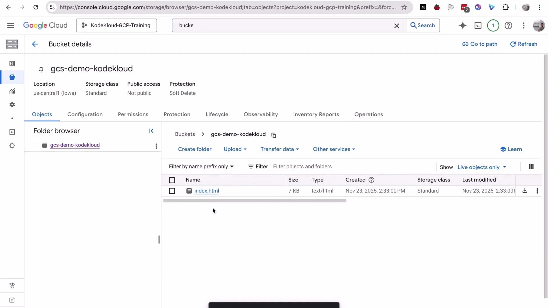 A Google Cloud Console screenshot showing the bucket details for "gcs-demo-kodekloud." The page displays bucket info (us-central1, Standard) and a listed object "index.html" (7 KB).