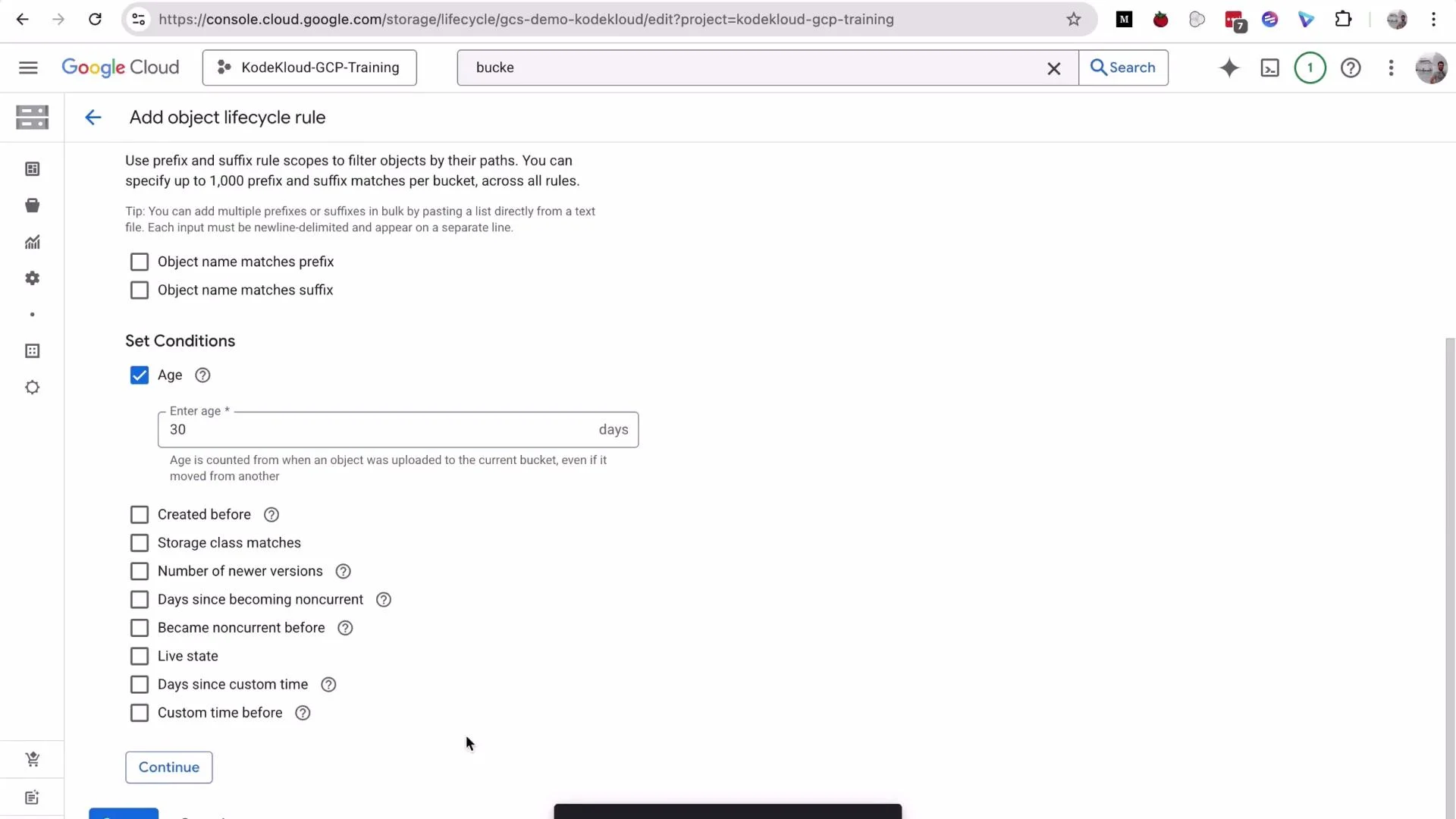 A Google Cloud Console screenshot showing the "Add object lifecycle rule" page for a Cloud Storage bucket. The UI lists rule scopes and conditions (with "Age" checked and set to 30 days) and several other lifecycle options.