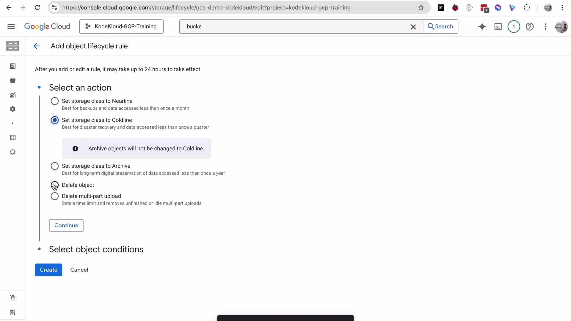 A screenshot of the Google Cloud Console "Add object lifecycle rule" page for a storage bucket. It shows radio options to set storage class (Nearline, Coldline—selected, Archive) or delete objects, with Continue/Create buttons visible.