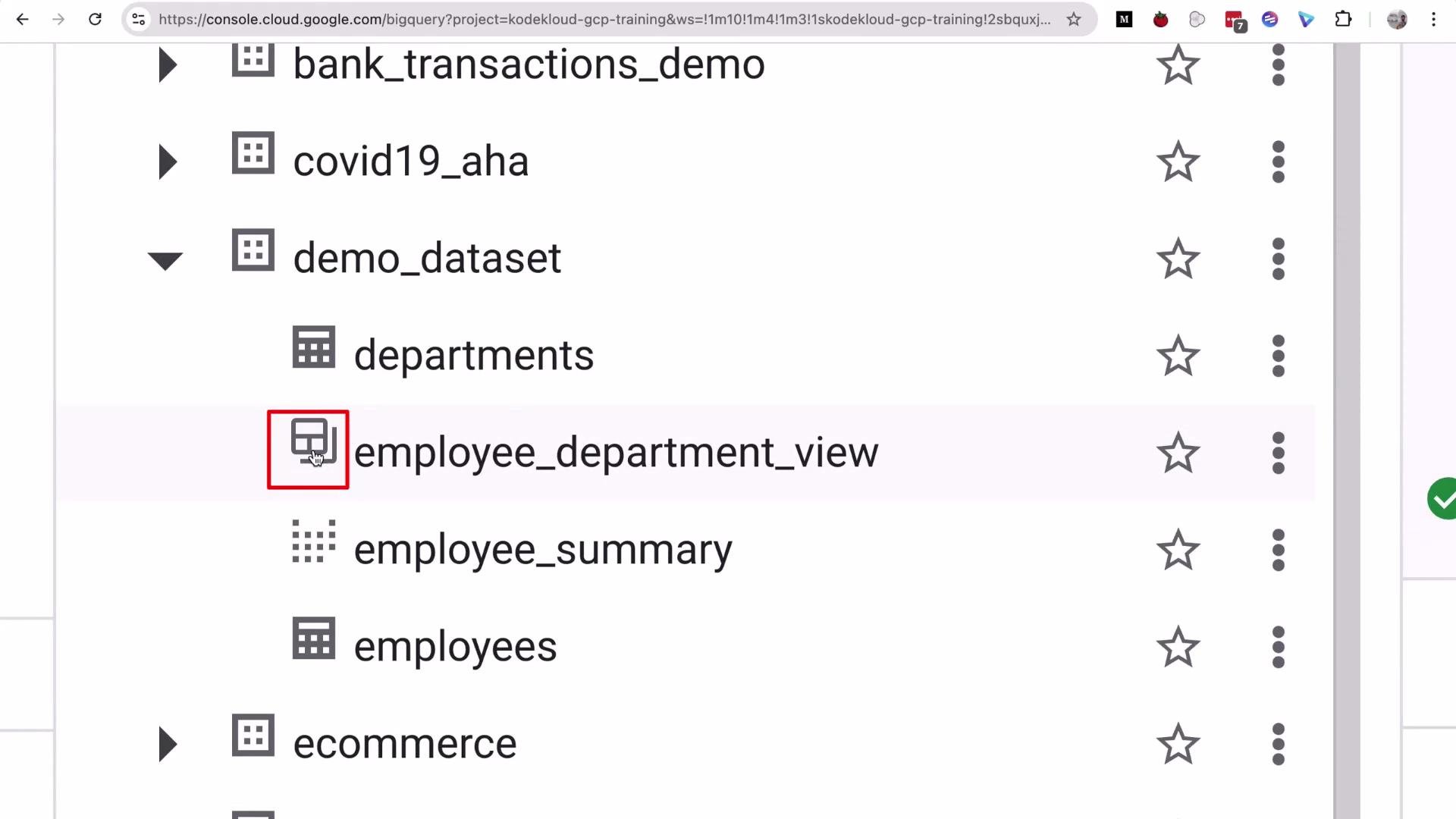 A screenshot of the Google Cloud BigQuery console showing a dataset tree (demo_dataset) with tables like departments, employee_department_view (highlighted), employee_summary, and employees. The employee_department_view row is selected and outlined in red.