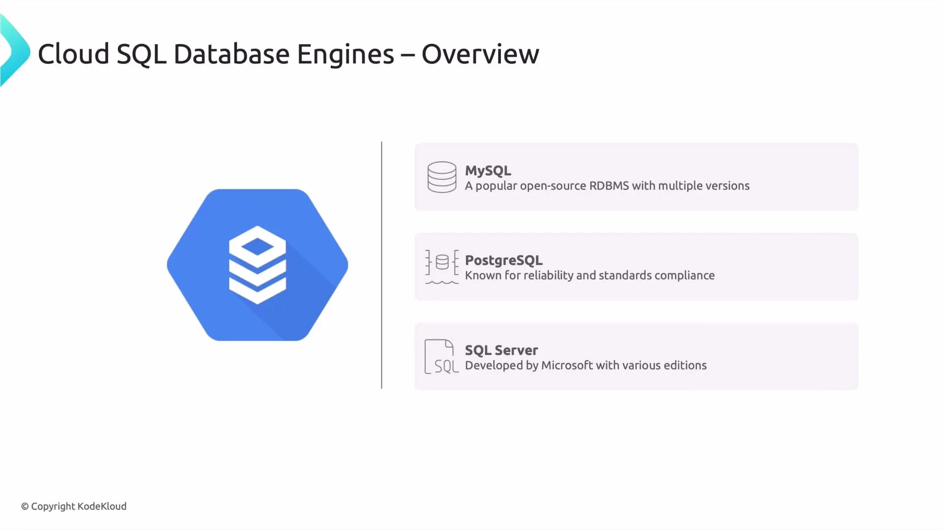The image is a slide titled "Cloud SQL Database Engines – Overview" showing a hexagonal cloud SQL icon on the left. On the right it lists three database engines — MySQL, PostgreSQL, and SQL Server — with brief descriptions of each.