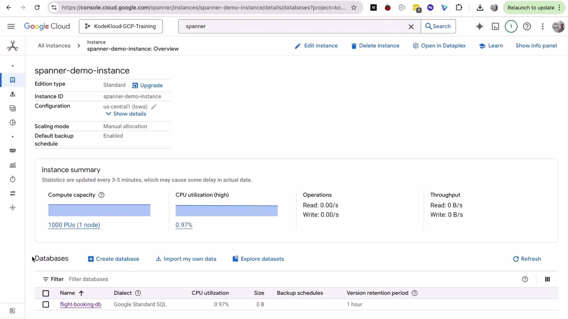 A Google Cloud Console screenshot showing the Cloud Spanner instance "spanner-demo-instance" overview, including compute capacity (1000 PUs) and CPU utilization (0.97%). The page also lists a database named "flight-booking-db" and options to create or import databases.