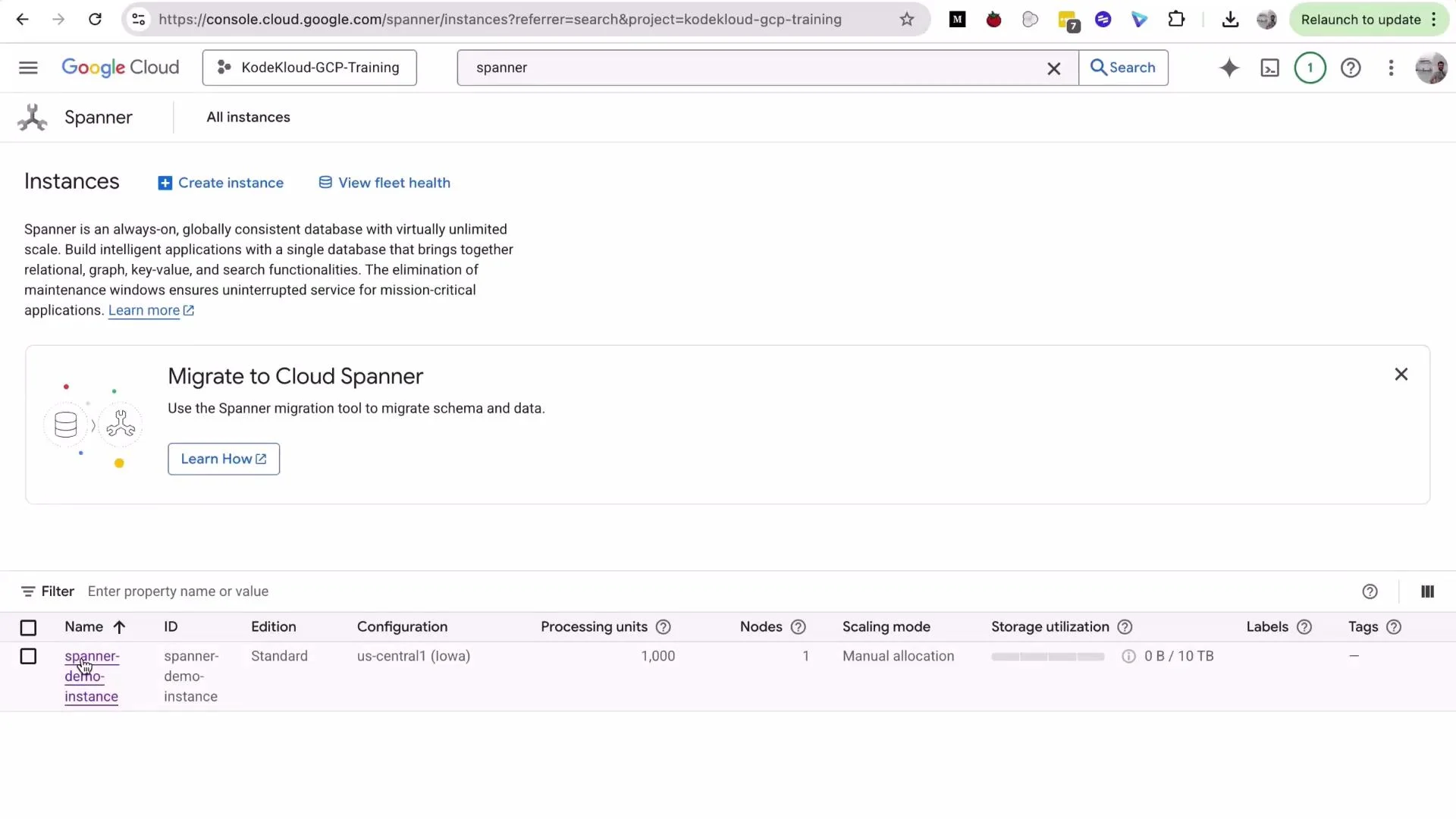A screenshot of the Google Cloud Console showing the Cloud Spanner "Instances" page with a "Create instance" button and a "Migrate to Cloud Spanner" banner. A demo instance named "spanner-demo-instance" is listed in the table with region, nodes, and storage details.