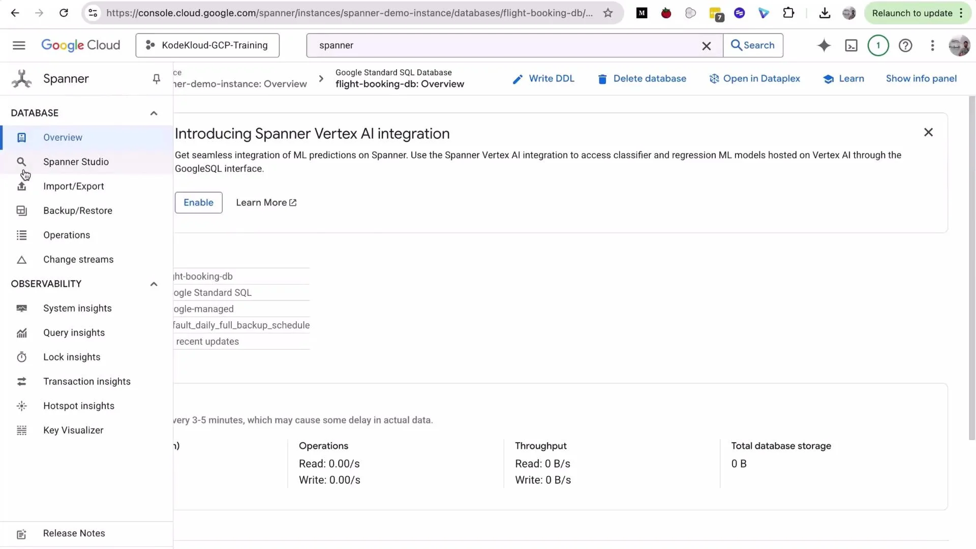 A Google Cloud Console screenshot showing the Spanner database overview page with a banner introducing Spanner Vertex AI integration. The left sidebar lists Spanner menu items like Overview, Spanner Studio, Import/Export and various observability tools.