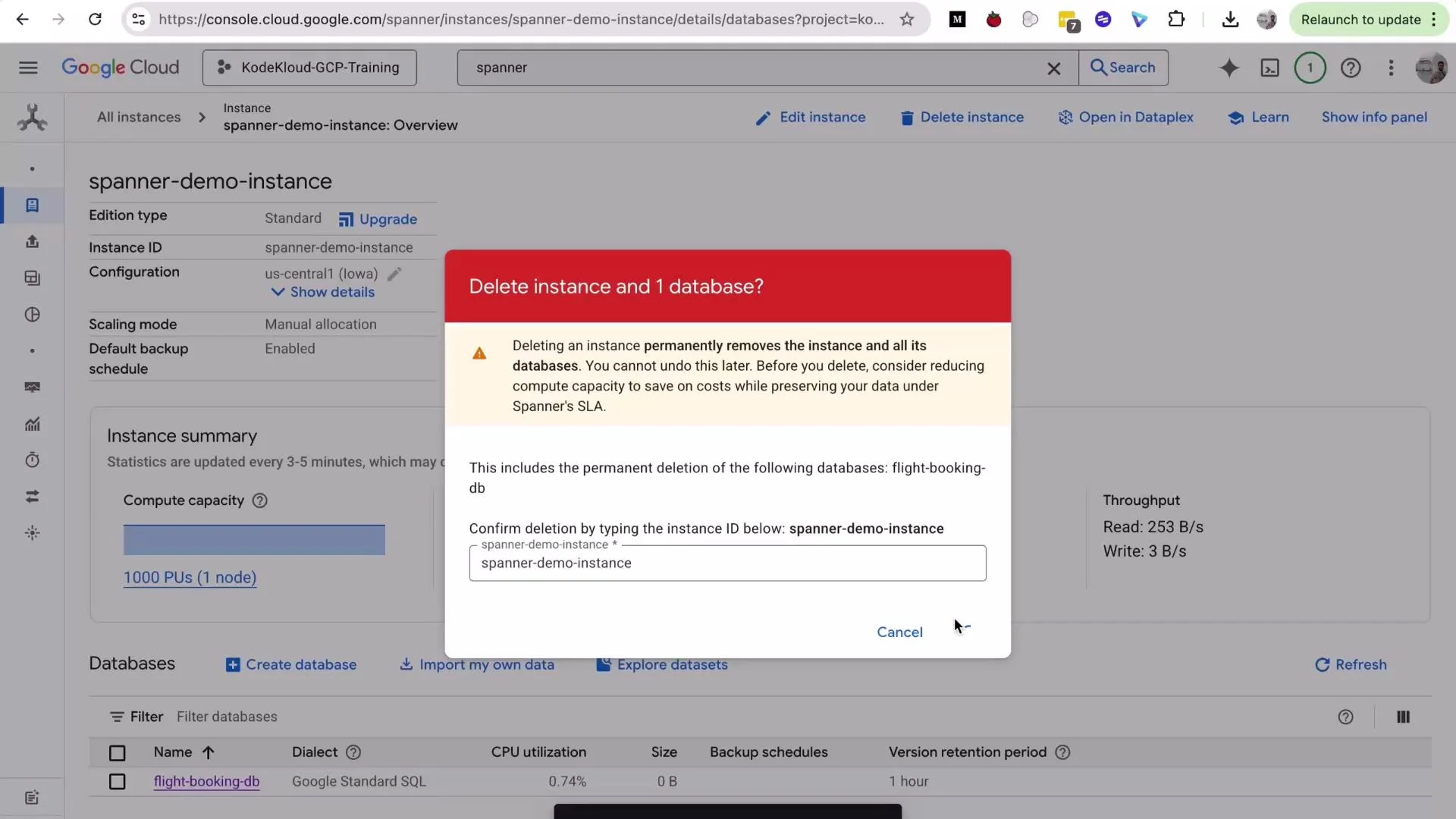 A Google Cloud Spanner console screenshot showing the "spanner-demo-instance" overview with a modal dialog asking to confirm deletion of the instance and its database. The red warning banner explains the permanent deletion and includes a text field to type the instance ID (flight-booking-db listed).
