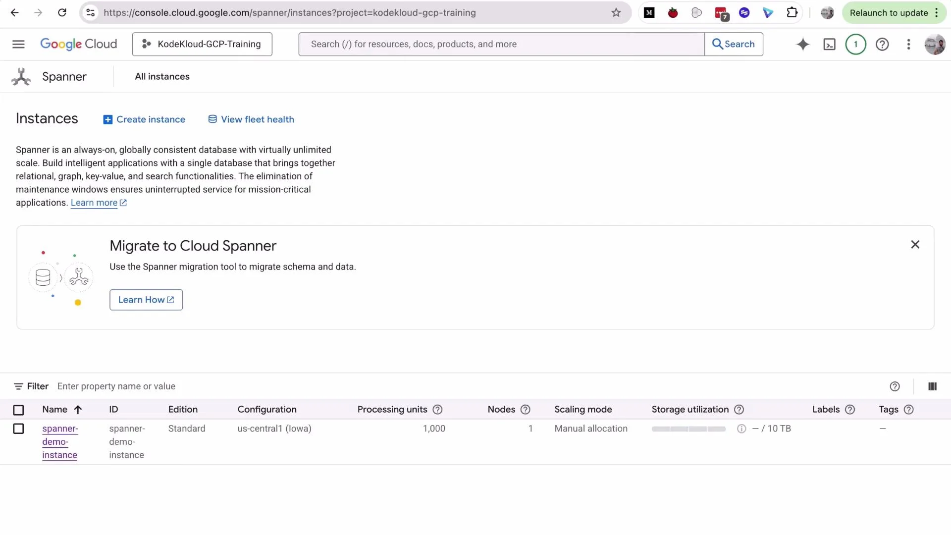 A screenshot of the Google Cloud Console showing the Cloud Spanner "Instances" page with a "Migrate to Cloud Spanner" banner. The instances table lists a "spanner-demo-instance" and shows details like region (us-central1), processing units, nodes, and storage utilization.