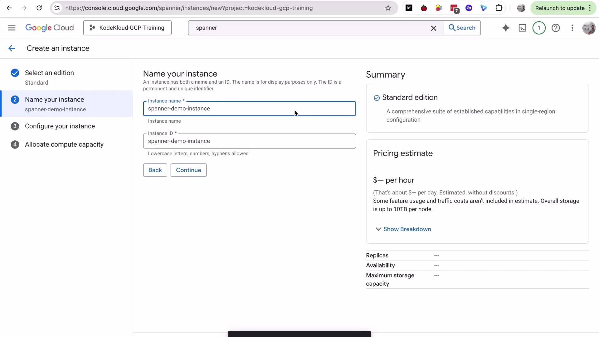 A screenshot of the Google Cloud Console's "Create an instance" page for Cloud Spanner. The form shows the instance name filled in as "spanner-demo-instance" with the Standard edition and a pricing estimate summary on the right.