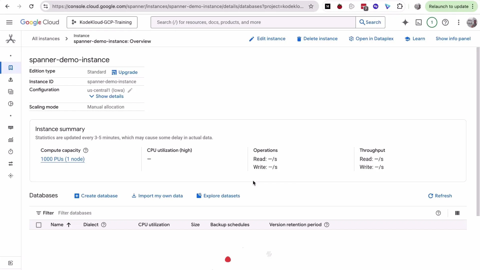 A Google Cloud Console screenshot showing the Cloud Spanner instance "spanner-demo-instance" overview. It displays instance details like region (us-central1), compute capacity (1000 PUs), and an instance summary with operations/throughput fields.