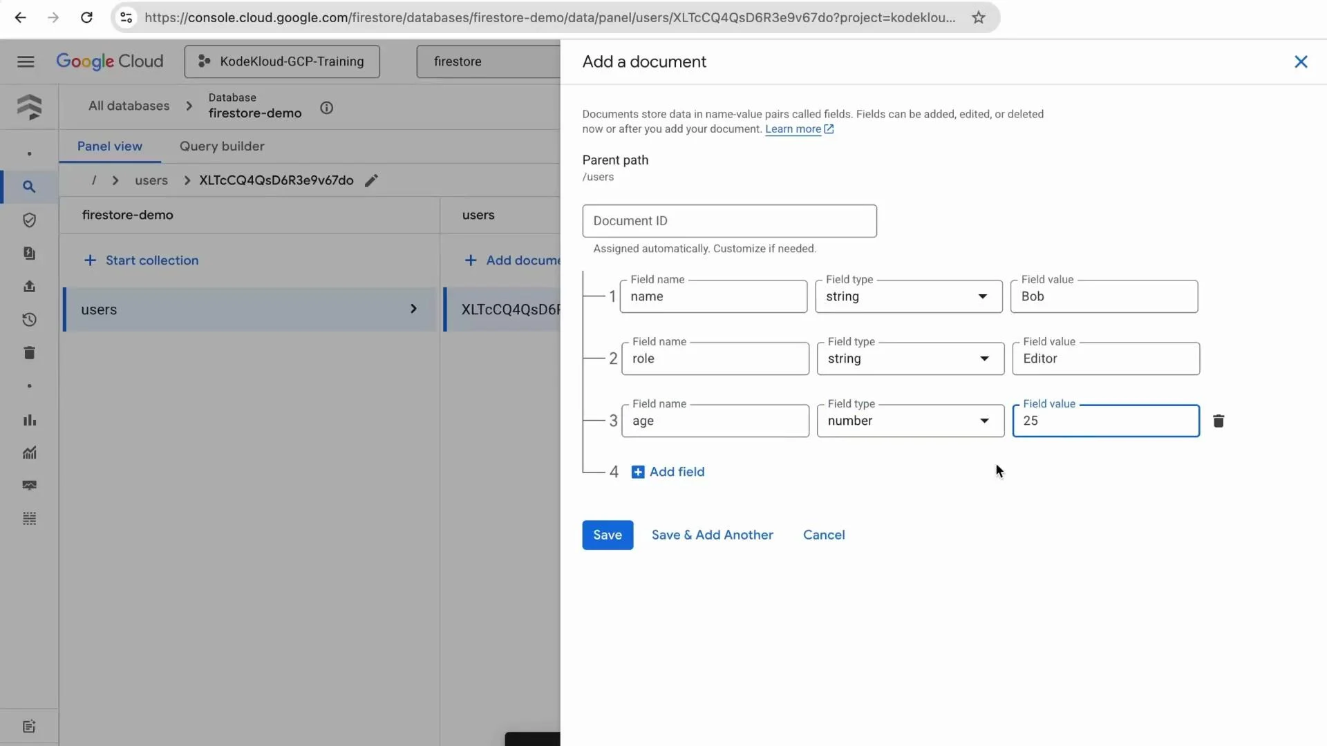A screenshot of the Google Cloud Firestore console with the "Add a document" dialog open. The form shows fields for name: "Bob", role: "Editor", and age: 25.