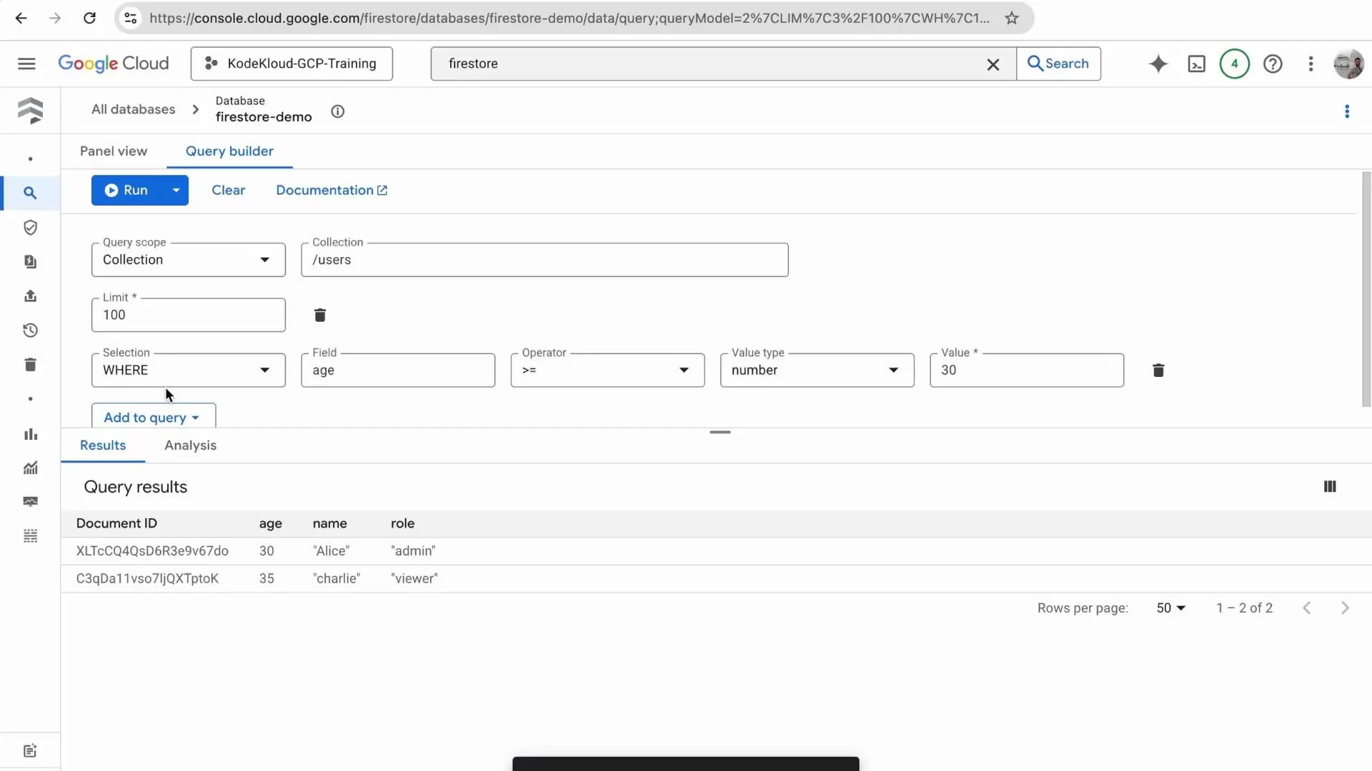 Screenshot of the Google Cloud Firestore console Query builder set to query the /users collection for age >= 30. The query results show two documents: "Alice" (age 30, role "admin") and "charlie" (age 35, role "viewer").