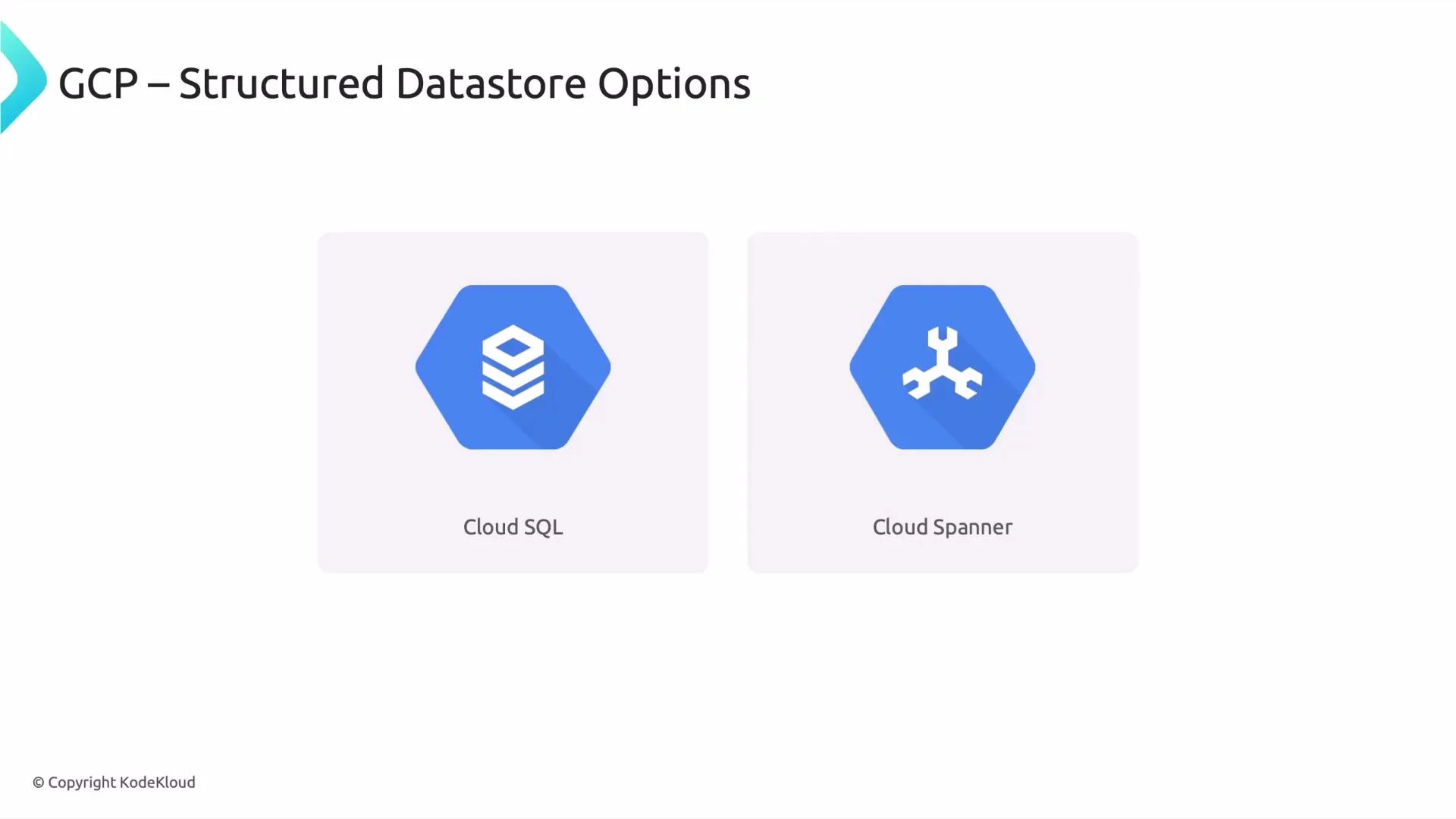 A slide titled "GCP – Structured Datastore Options" showing two cards: Cloud SQL on the left and Cloud Spanner on the right, each with a blue hexagon icon.