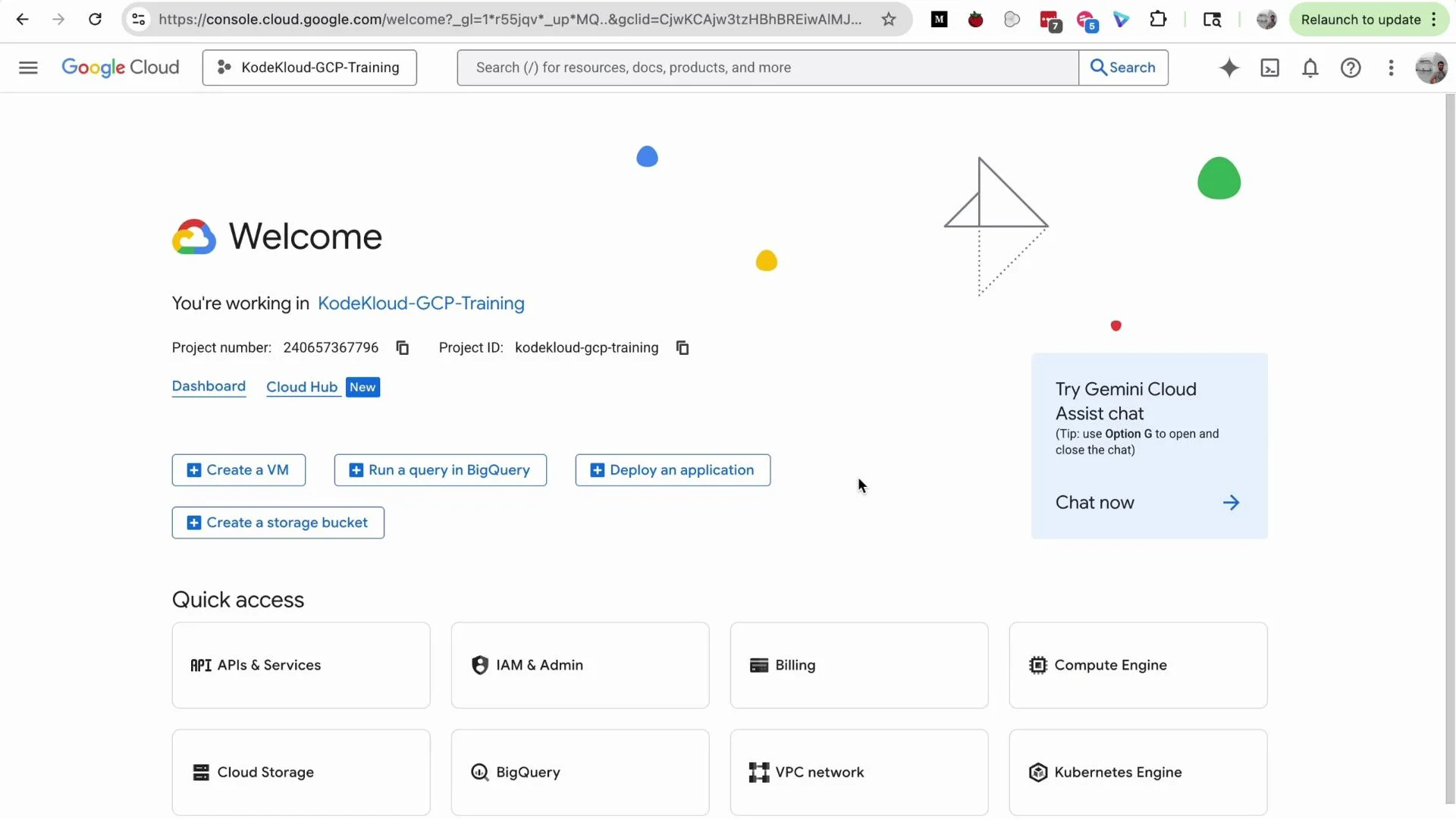 A screenshot of the Google Cloud Console welcome dashboard for the project "KodeKloud-GCP-Training," showing project details and quick action buttons (Create a VM, Run a query in BigQuery, Deploy an application). A "Try Gemini Cloud Assist chat" panel and various service tiles (API, IAM, Billing, Compute Engine, etc.) are visible below.