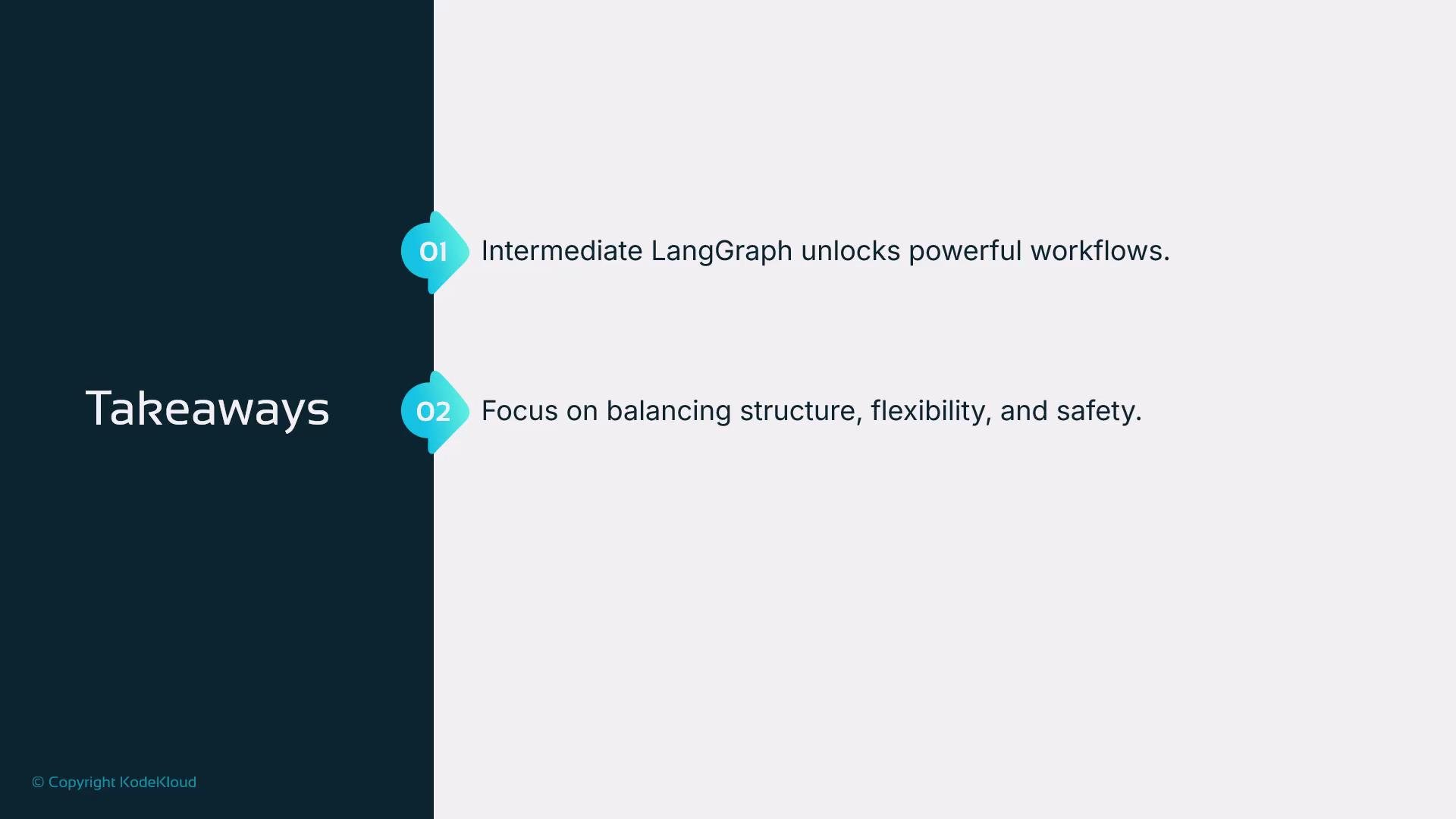 The image is a slide titled "Takeaways" with two key points: "Intermediate LangGraph unlocks powerful workflows" and "Focus on balancing structure, flexibility, and safety."