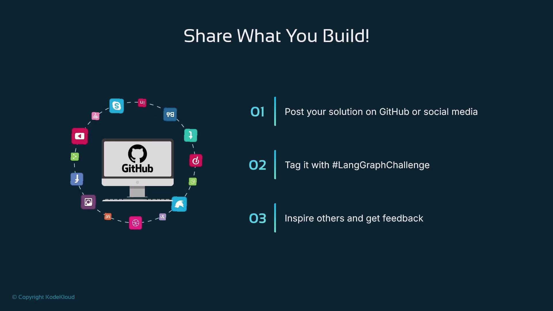 The image is an invitation to share projects on GitHub or social media, tagging them with #LangGraphChallenge, and encourages inspiring others and receiving feedback. It features a central GitHub logo surrounded by various app icons.