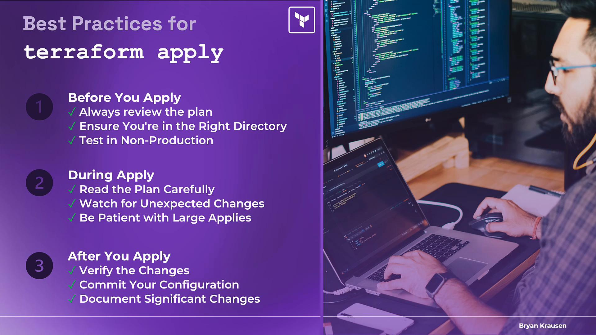 The image shows a purple infographic titled "Best Practices for terraform apply" with numbered tips for before, during, and after applying changes. On the right, a person is working on a laptop and large monitor displaying code.