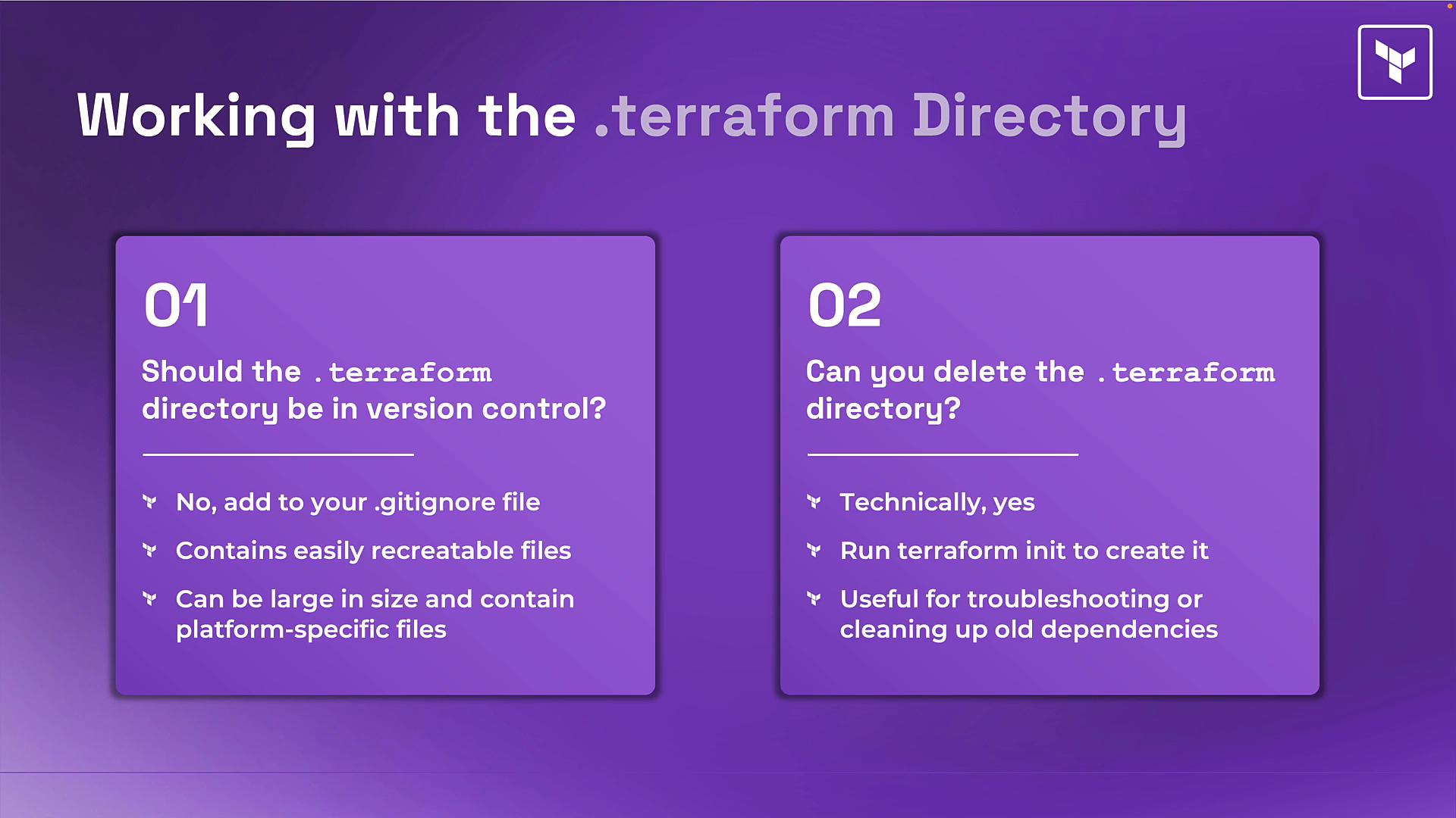 A purple slide titled "Working with the .terraform Directory" showing two panels numbered 01 and 02. The left panel advises not to put the .terraform directory in version control, and the right panel says you can delete it and recreate it (e.g., with terraform init).