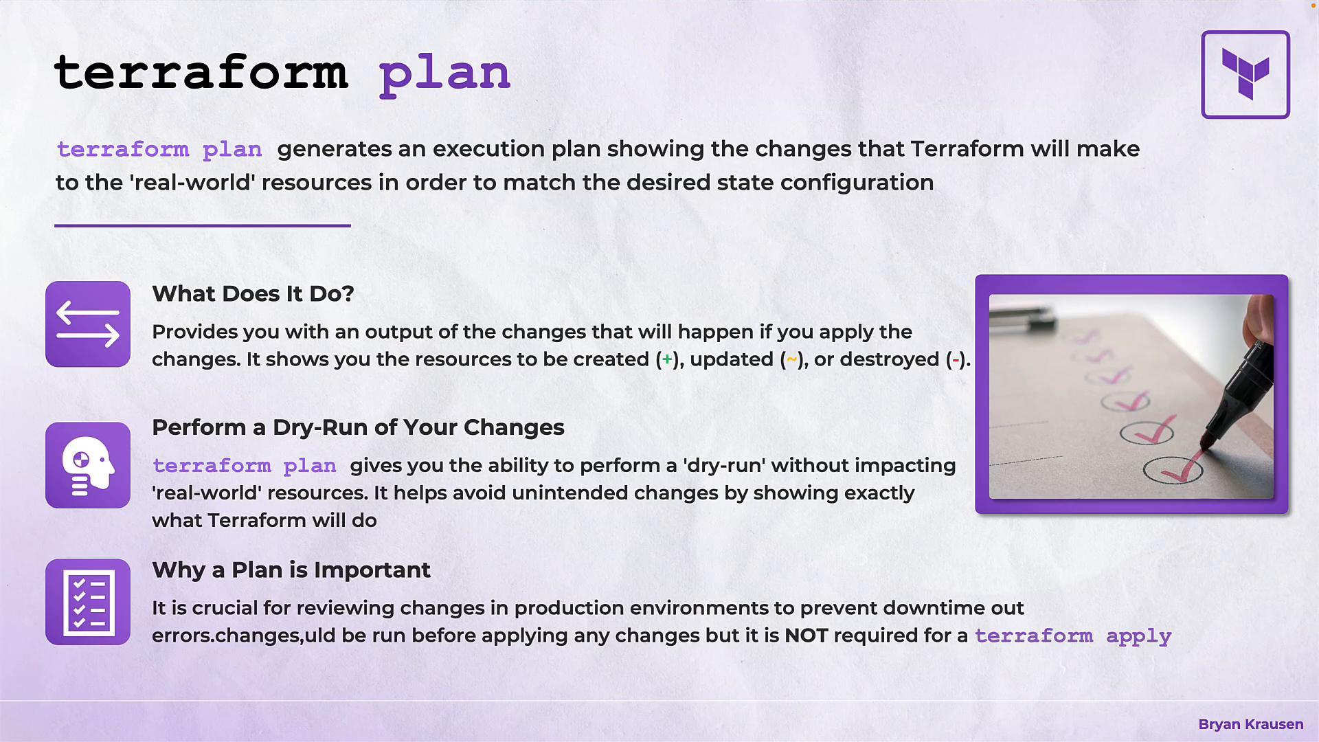 An instructional infographic titled "terraform plan" that explains what the Terraform plan command does (showing proposed resource changes and allowing a dry-run). It uses purple icons and includes a photo of a hand checking boxes on a checklist.