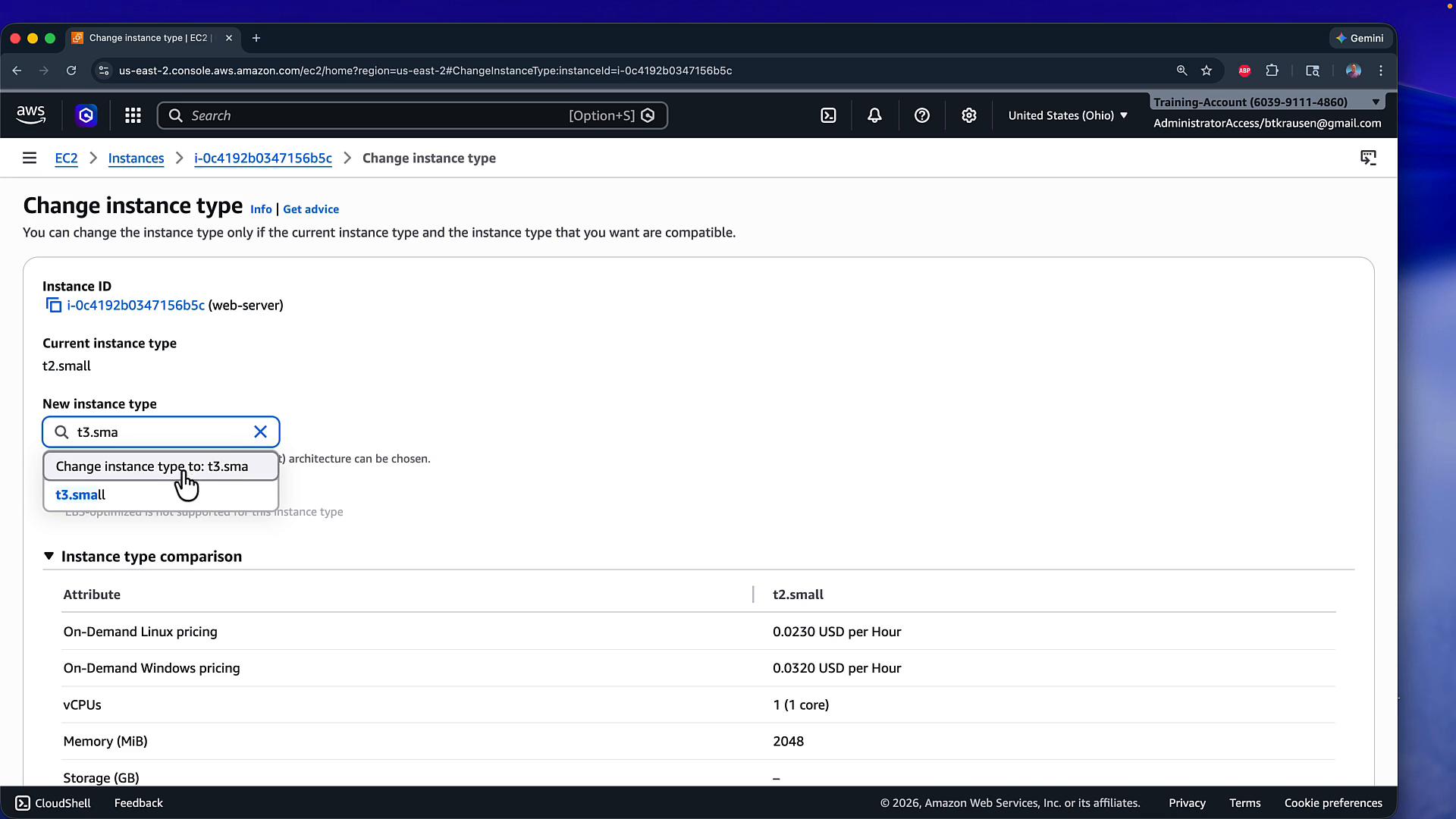 A screenshot of the AWS EC2 console on the "Change instance type" page, showing an instance (i-0c4192b0347156b5c) with current type t2.small and a dropdown to change it to t3.small. The lower part of the page shows an instance type comparison table with pricing and specs.
