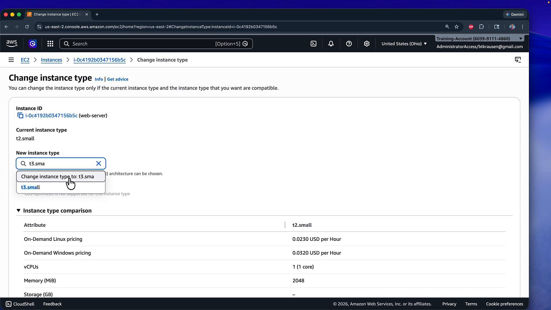 A screenshot of the AWS EC2 console on the "Change instance type" page, showing an instance (i-0c4192b0347156b5c) with current type t2.small and a dropdown to change it to t3.small. The lower part of the page shows an instance type comparison table with pricing and specs.