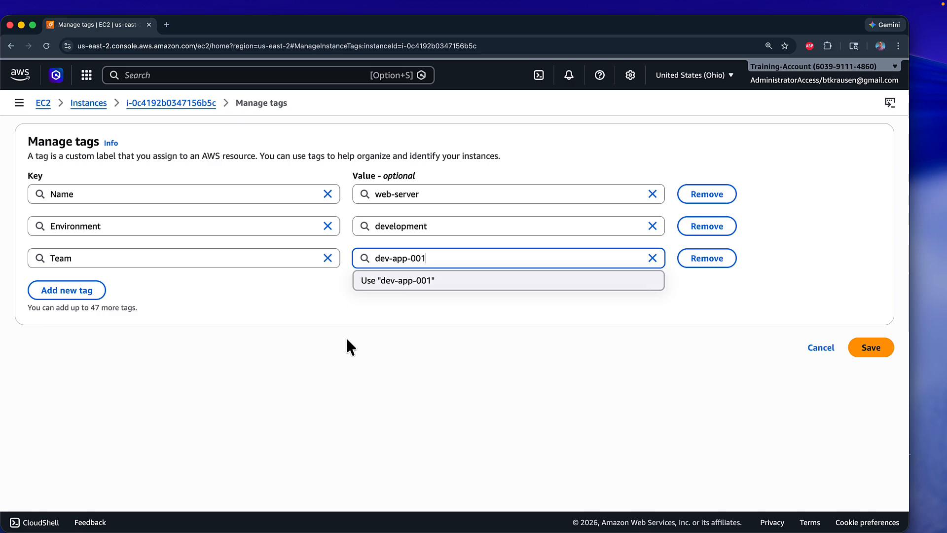 A screenshot of the AWS EC2 "Manage tags" page showing tag entries: Name = web-server, Environment = development, and Team = dev-app-001, with Remove buttons and Save/Cancel actions. The browser window and AWS console header are visible at the top.