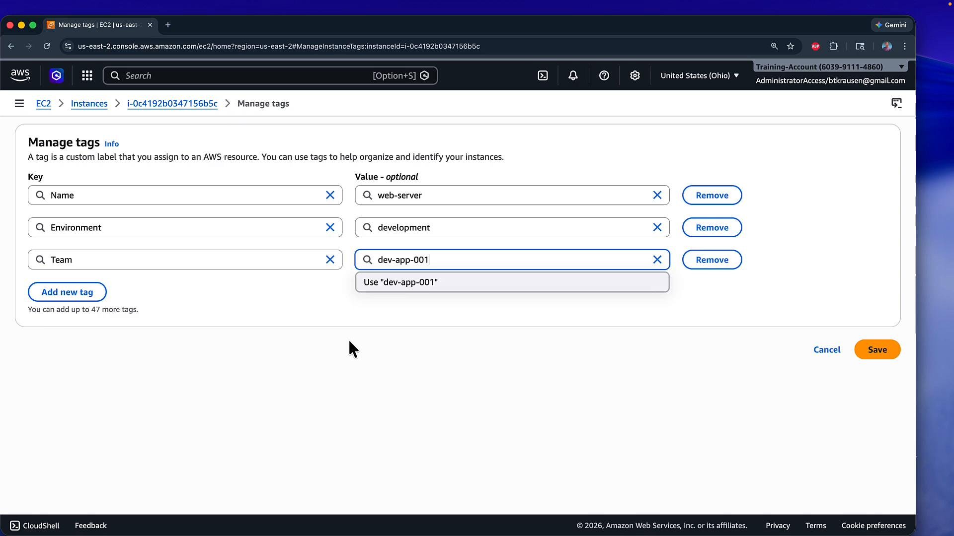 A screenshot of the AWS EC2 "Manage tags" page showing tag entries: Name = web-server, Environment = development, and Team = dev-app-001, with Remove buttons and Save/Cancel actions. The browser window and AWS console header are visible at the top.