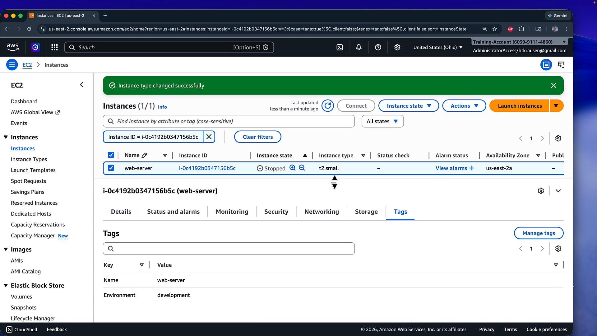 Screenshot of the AWS EC2 Instances console showing a single instance named "web-server" in the Stopped state with instance type t2.small. A green banner at the top reads "Instance type changed successfully."