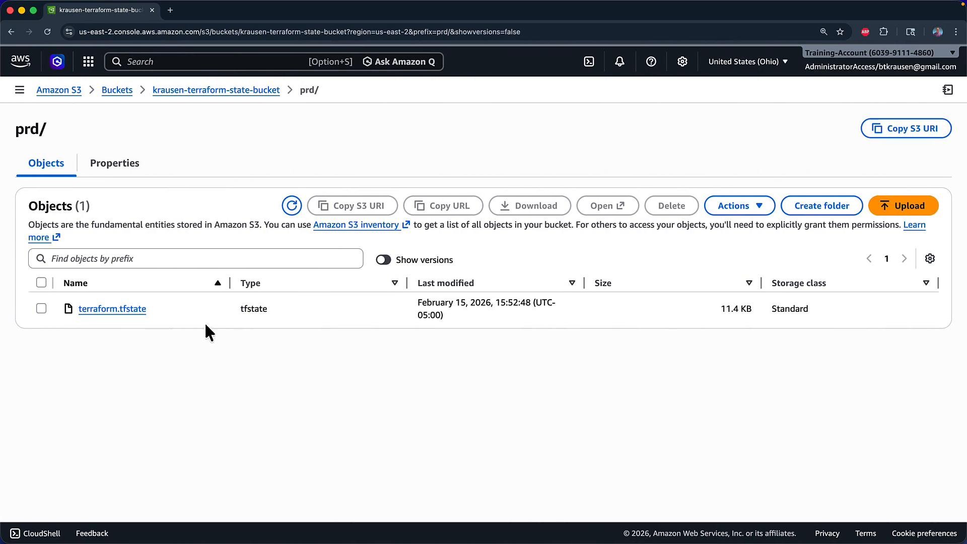 Screenshot of an Amazon S3 console showing the "prd/" folder in a terraform state bucket with a single object named "terraform.tfstate" (11.4 KB). The listing shows its last-modified timestamp and the usual S3 action buttons (Copy S3 URI, Download, Upload, etc.).