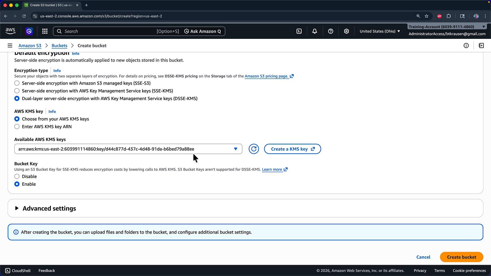 Screenshot of the Amazon S3 "Create bucket" console showing default encryption settings. Dual-layer server-side encryption (DSSE-KMS) is selected with a chosen AWS KMS key ARN and the bucket key enabled.