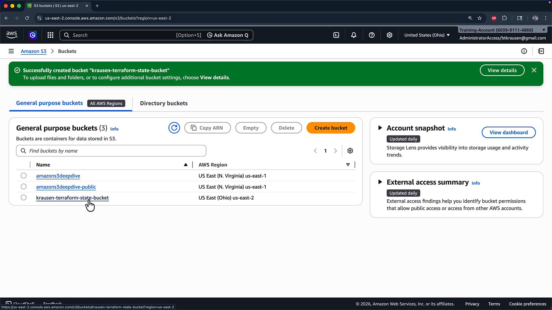 A screenshot of the Amazon S3 Buckets console with a green banner confirming the successful creation of the bucket "krausen-terraform-state-bucket." The General purpose buckets list shows three buckets and S3 actions like Create bucket, Copy ARN, Empty, and Delete.
