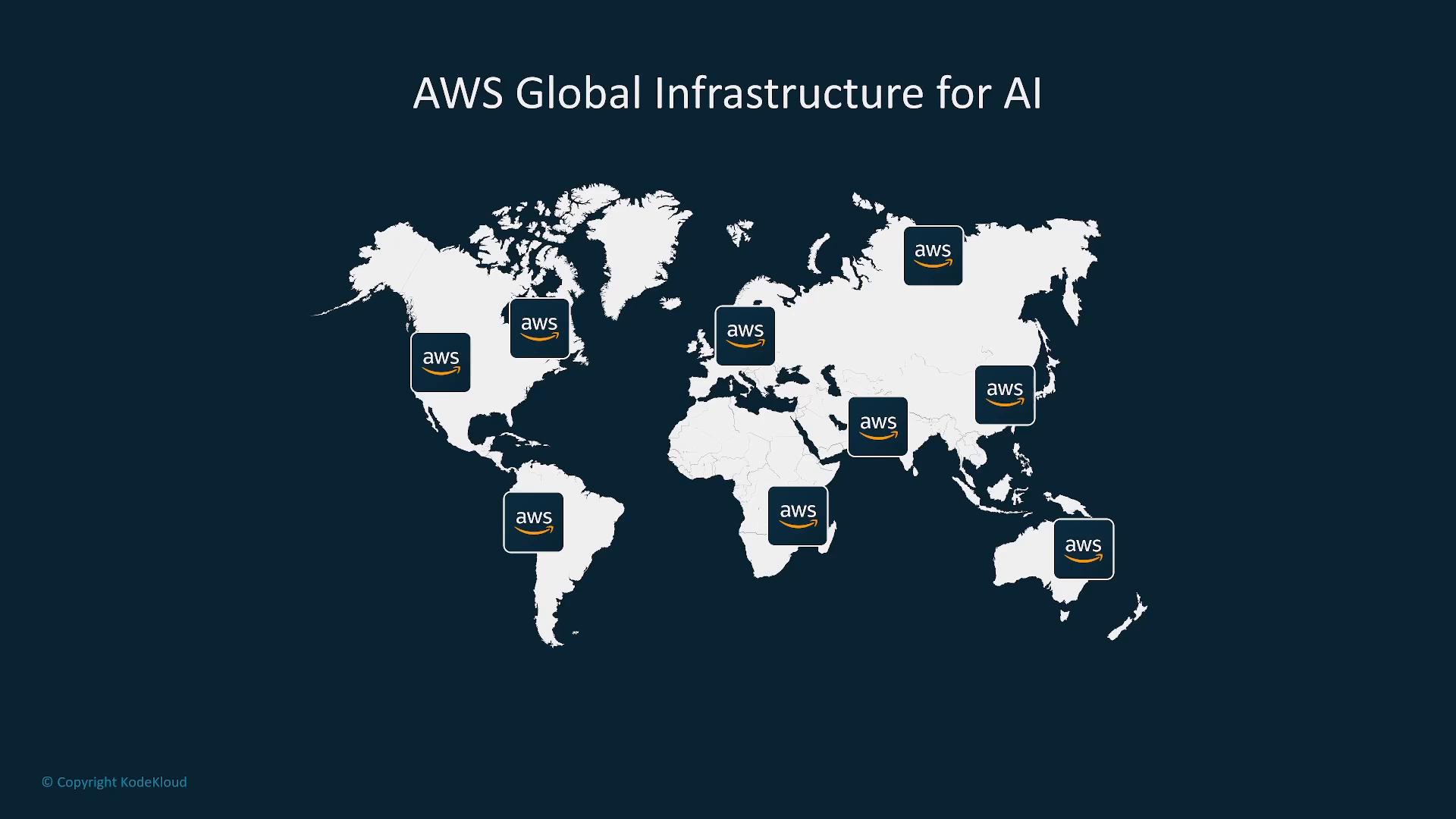 A dark world map labeled "AWS Global Infrastructure for AI" showing white continents with AWS logos placed over several regions to indicate global service locations.