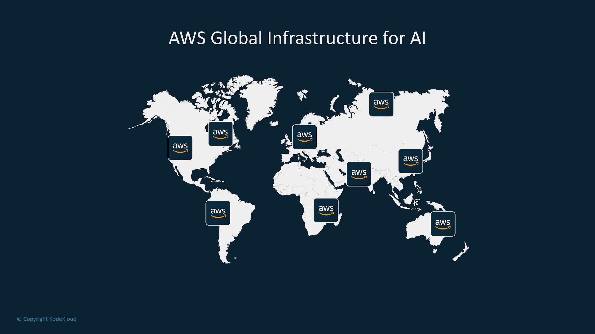 A dark world map labeled "AWS Global Infrastructure for AI" showing white continents with AWS logos placed over several regions to indicate global service locations.