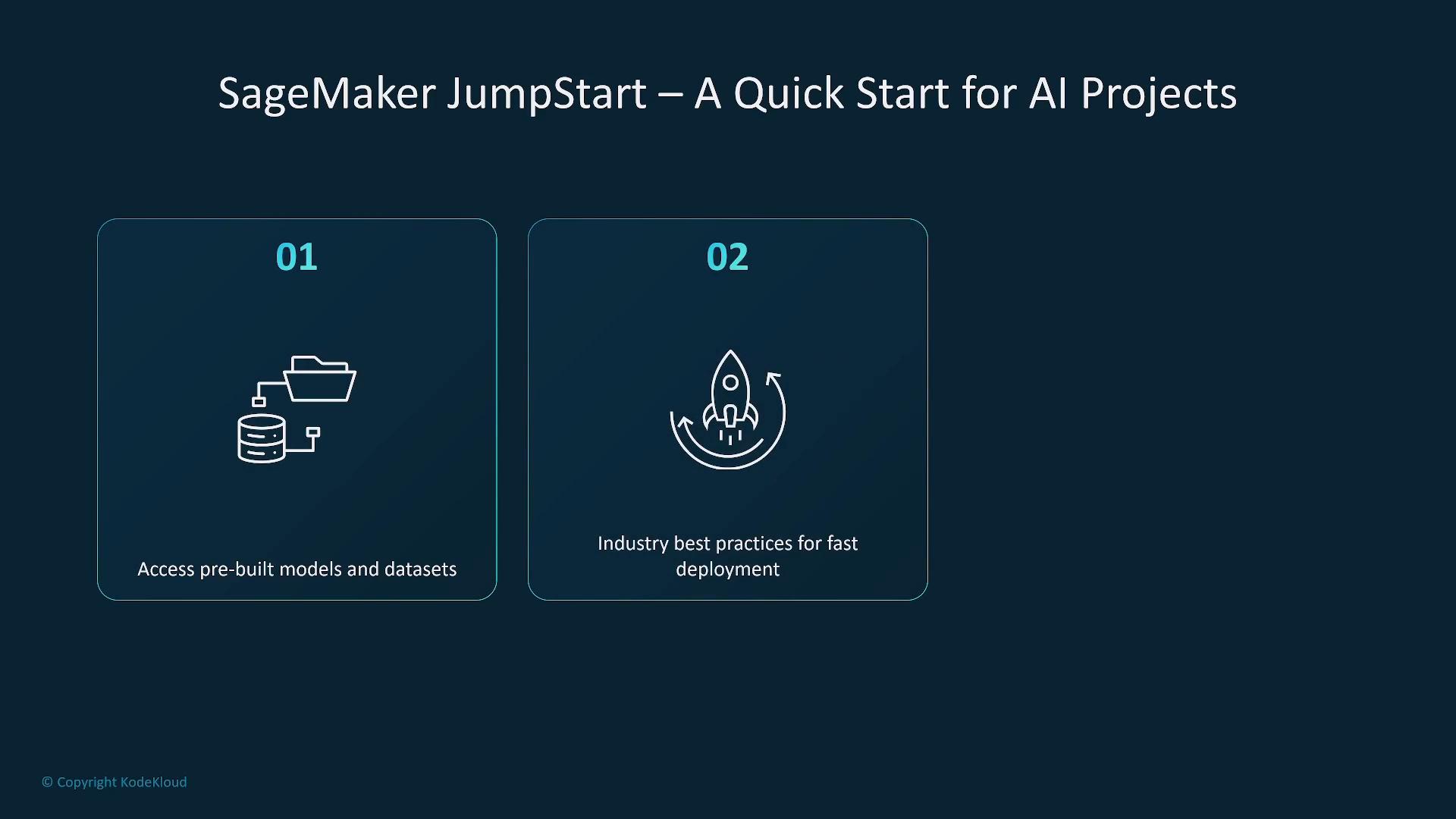 A presentation slide titled "SageMaker JumpStart – A Quick Start for AI Projects" showing two numbered panels: 01 — "Access pre-built models and datasets" with a folder/database icon, and 02 — "Industry best practices for fast deployment" with a rocket icon.