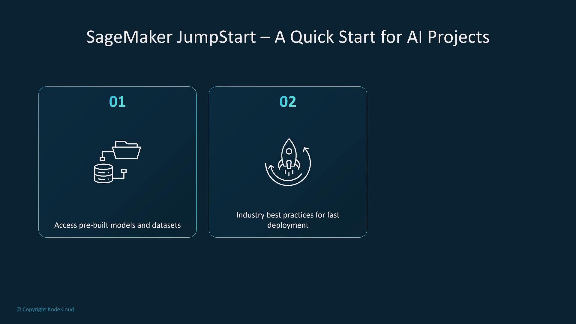 A presentation slide titled "SageMaker JumpStart – A Quick Start for AI Projects" showing two numbered panels: 01 — "Access pre-built models and datasets" with a folder/database icon, and 02 — "Industry best practices for fast deployment" with a rocket icon.