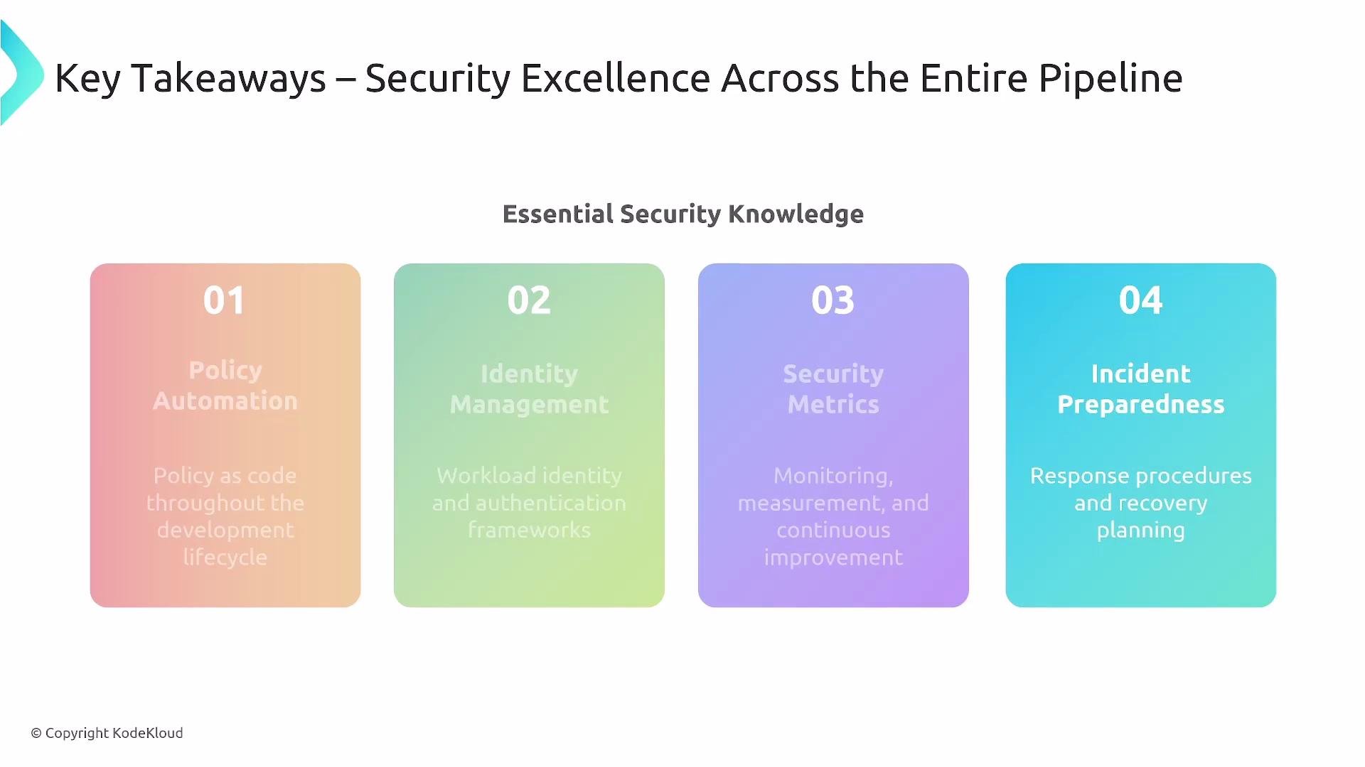 The image outlines key takeaways for security excellence across a pipeline, focusing on policy automation, identity management, security metrics, and incident preparedness. Each section provides a brief description of its importance.