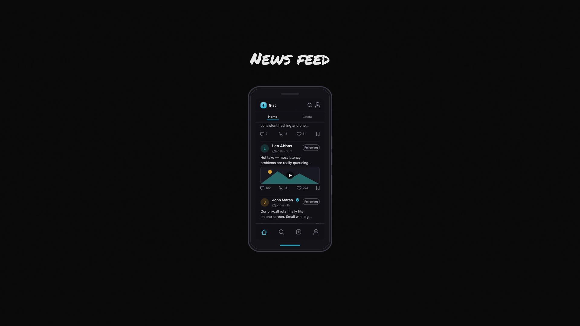 A centered smartphone mockup shows a dark-themed social media/news feed with posts, icons, and a small image thumbnail. The words "News Feed" are displayed above on a black background.